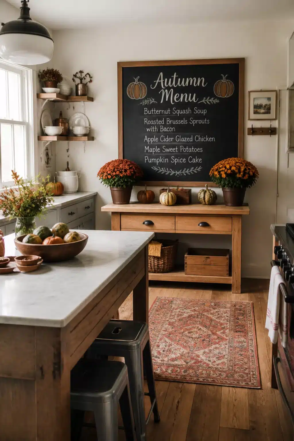 Fall kitchen decor with a framed chalkboard autumn menu, russet mums, heirloom gourds, and a wooden sideboard.