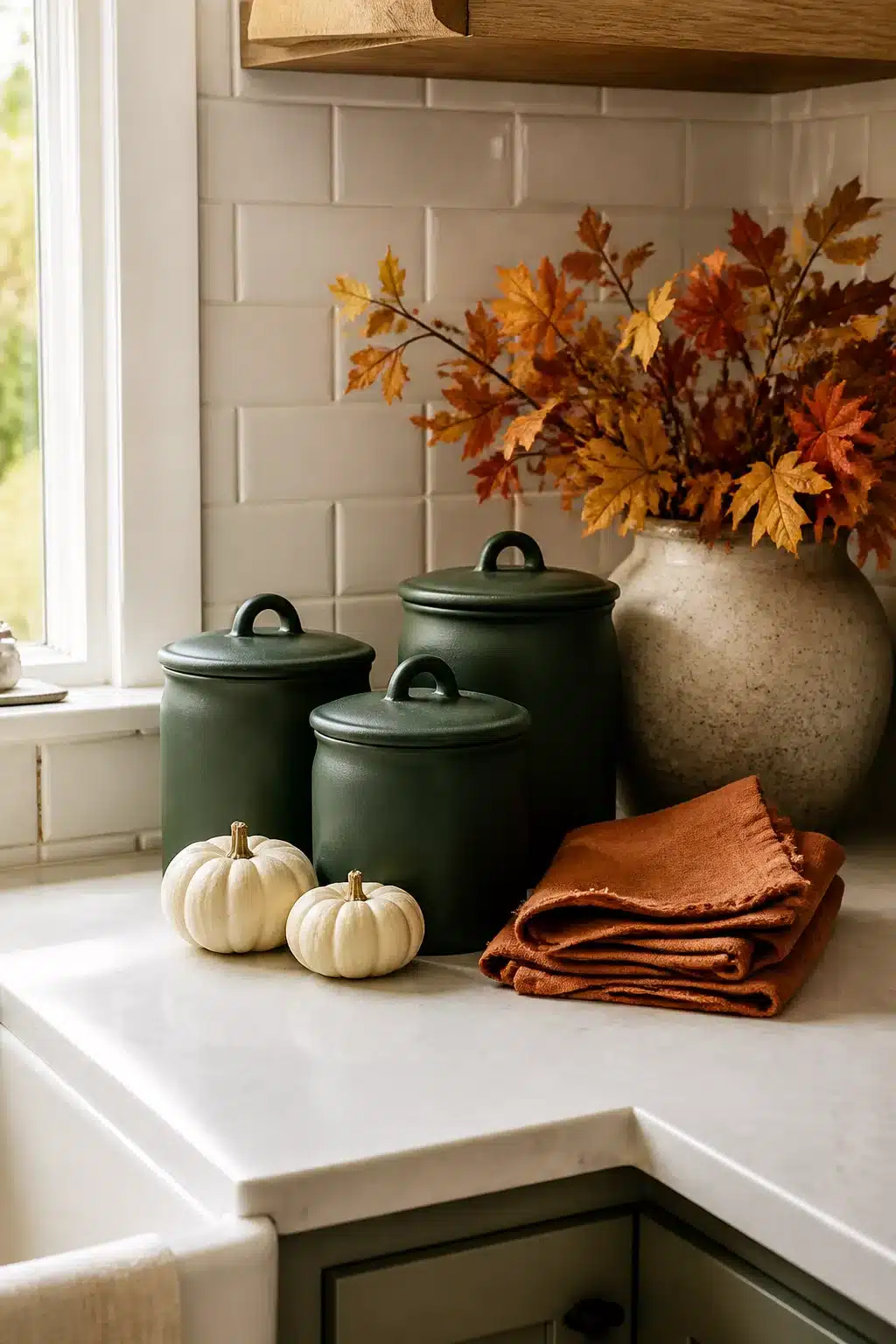 Fall kitchen decor with forest green ceramic canisters, white mini pumpkins, and autumn maple leaves on a white countertop.