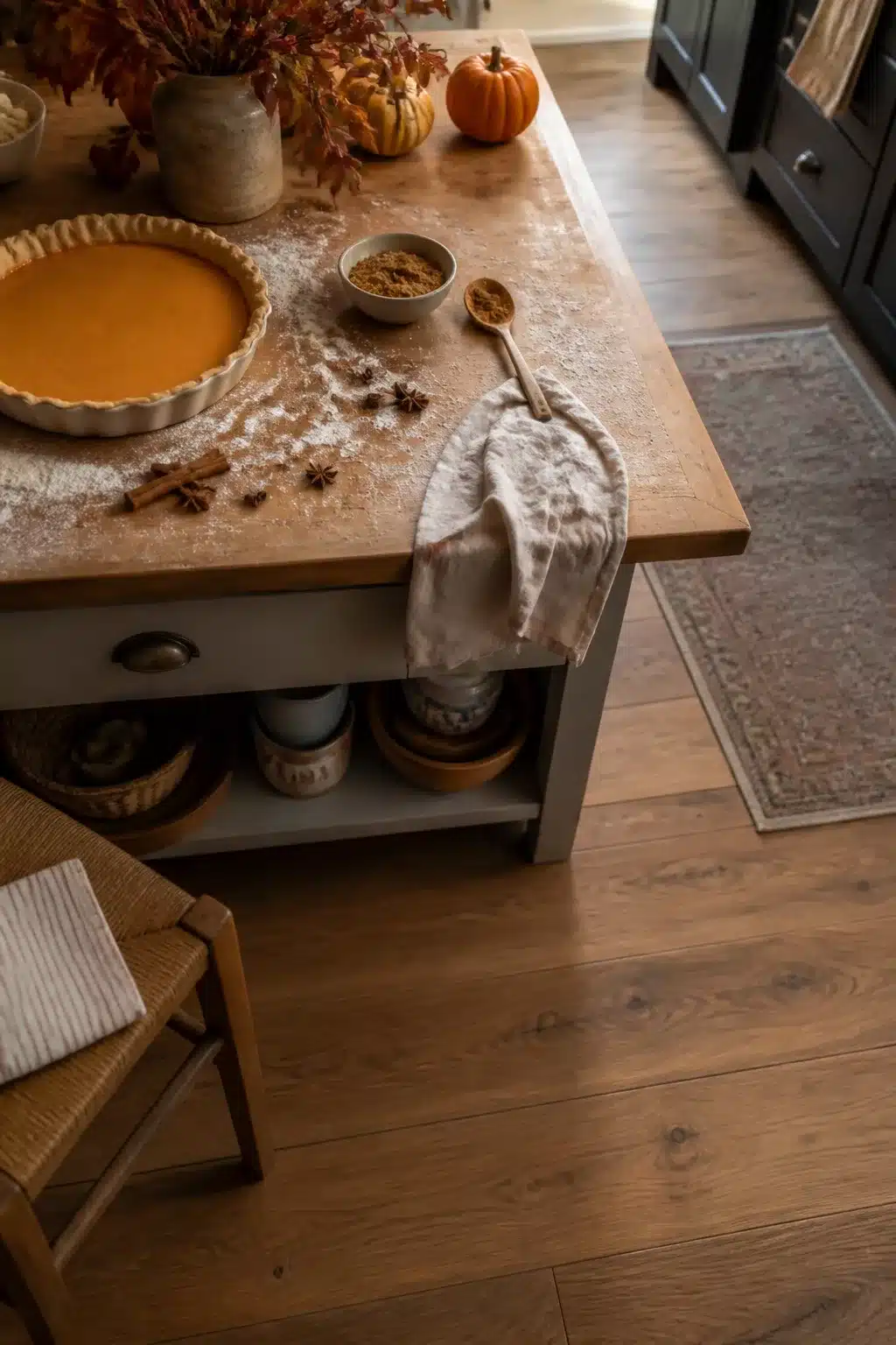 Overhead view of a flour-dusted kitchen island with pumpkin pie and fall spices — fall kitchen decor
