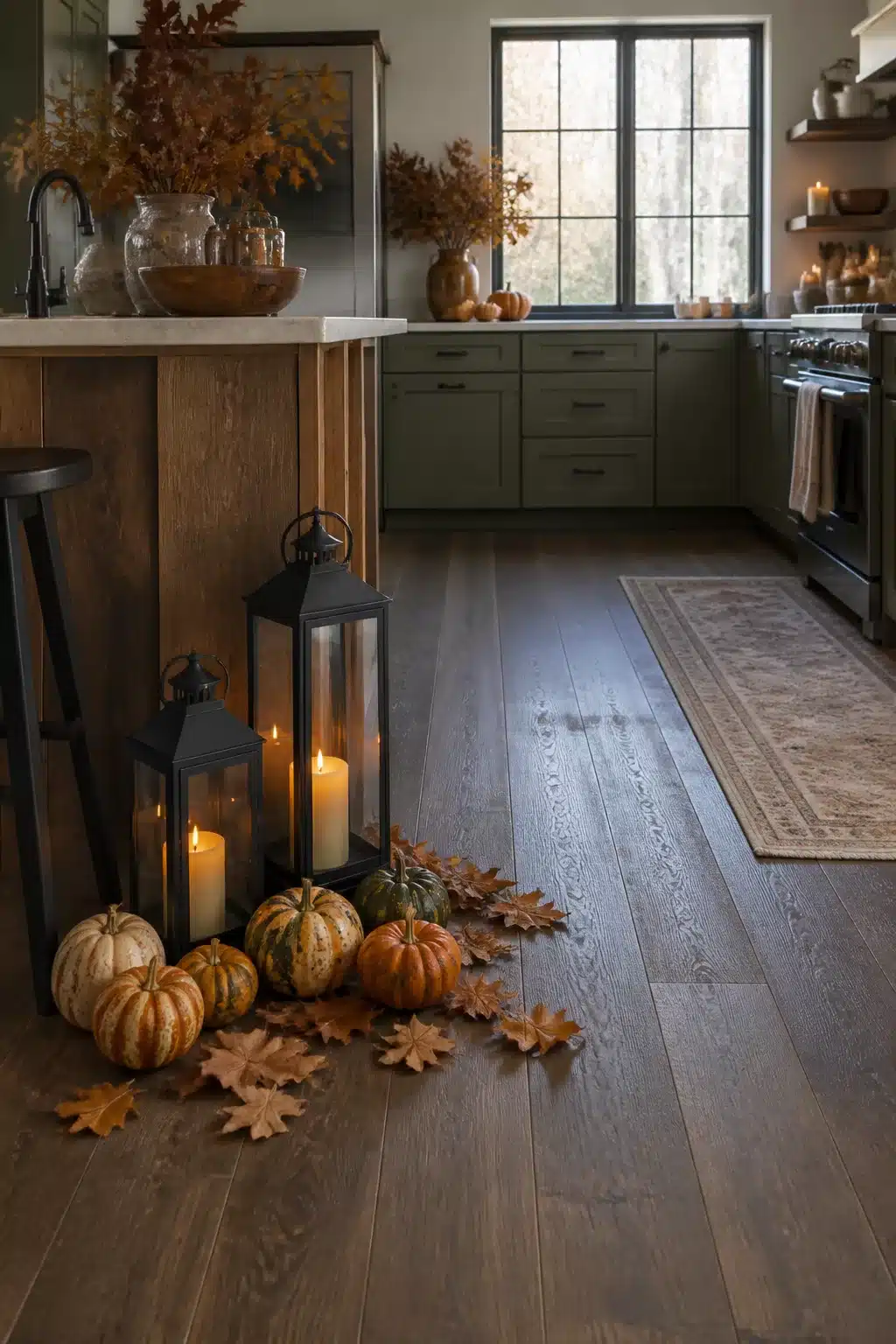 Black lanterns, pillar candles, and mixed gourds on dark oak floors — fall kitchen decor in a sage green kitchen