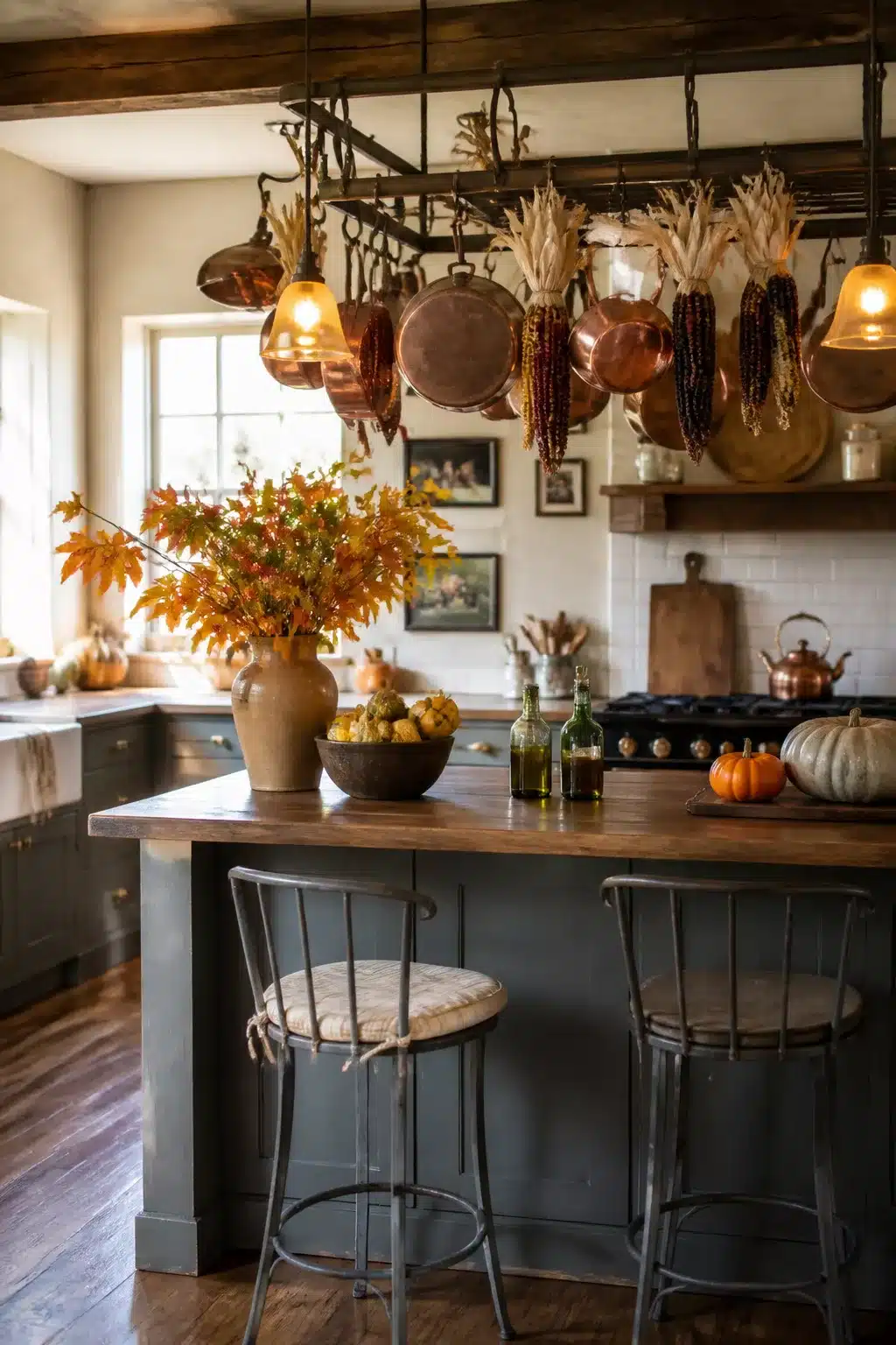 Fall kitchen decor with hanging copper pots and dried Indian corn on a wrought-iron pot rack above a blue island.