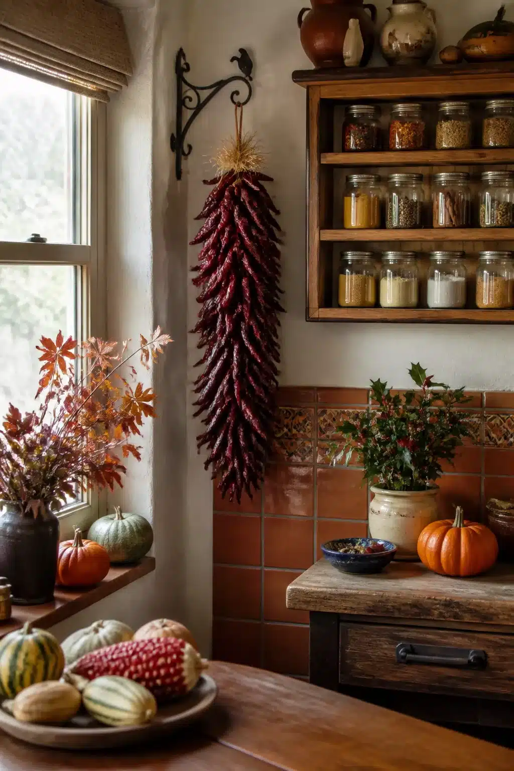 Fall kitchen decor with a dried red chili ristra, terracotta tile backsplash, and open spice shelves.