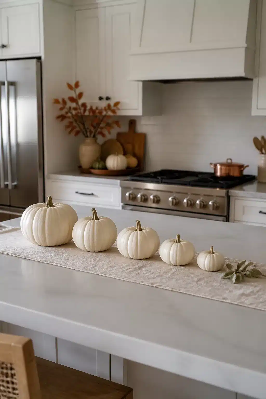 White pumpkins in descending sizes on a linen runner for minimalist fall kitchen decor on a quartz island