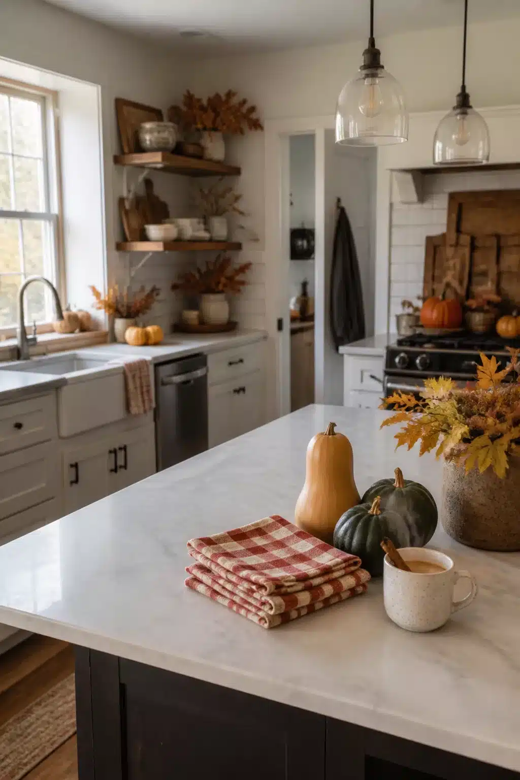 Fall kitchen decor with red plaid dish towels, green squash, and butternut on a white marble island