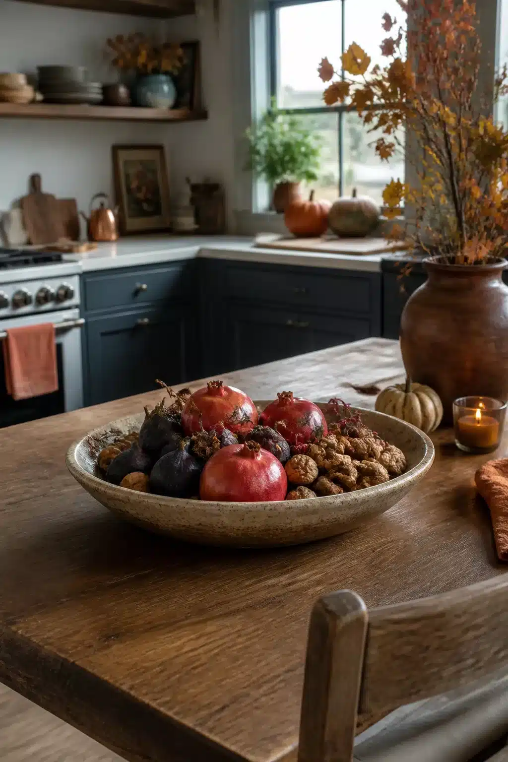 Fall kitchen decor with a stone bowl of pomegranates, figs, and walnuts on a rustic wood table