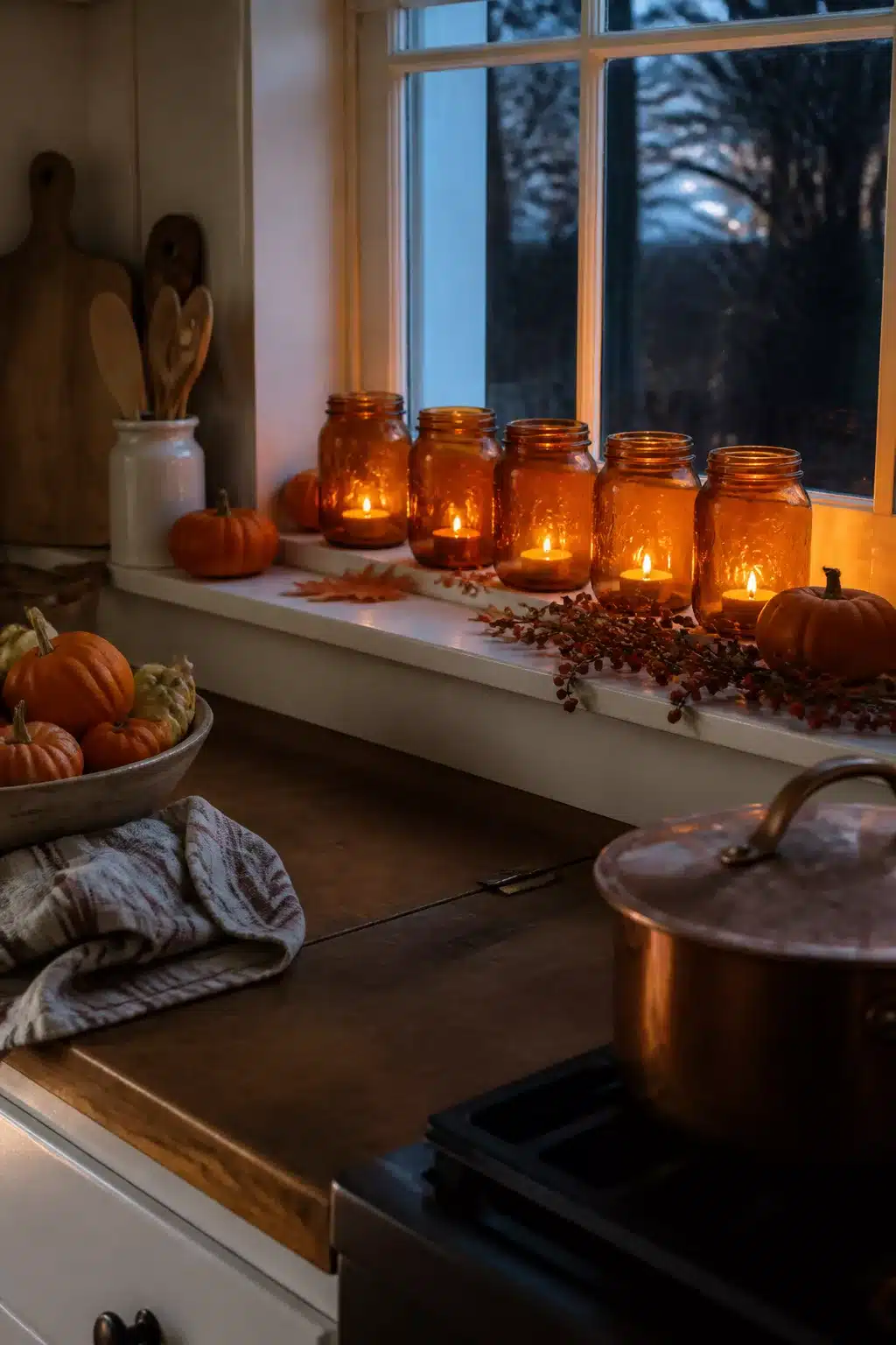 Amber mason jar candles with berry sprigs on a kitchen windowsill — cozy fall kitchen decor idea