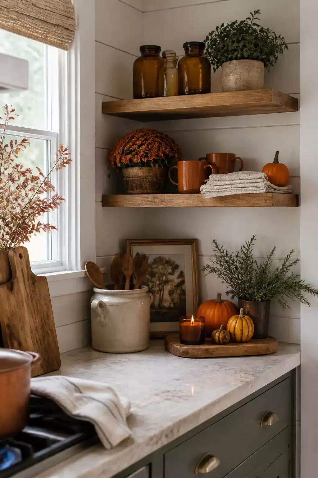 Fall kitchen decor with warm wood open shelves, amber jars, terracotta mugs, orange mums, and mini pumpkins on sage green cabinets.
