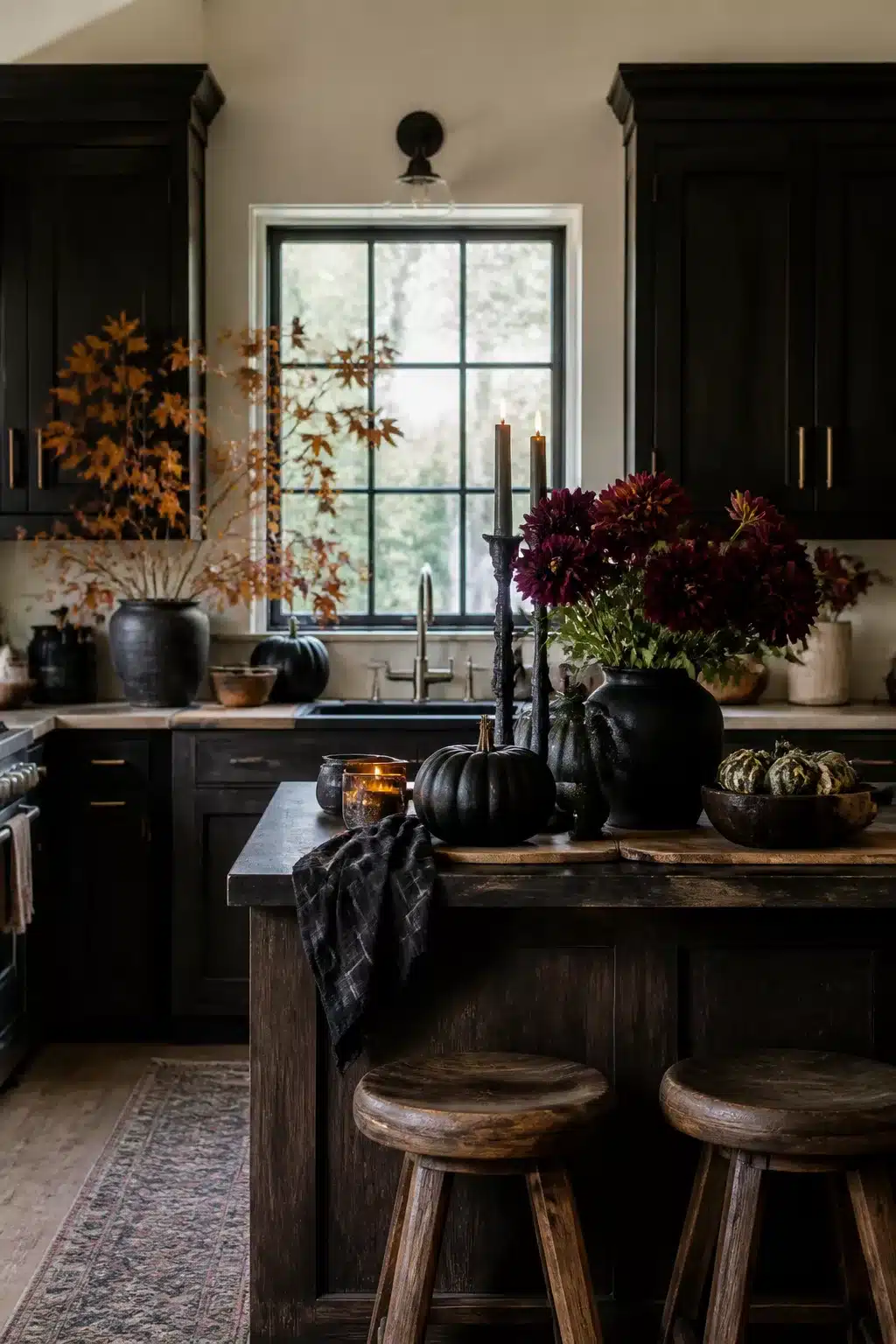 Dark moody fall kitchen decor with black pumpkins, matte ceramics, burgundy mums, and taper candles on a walnut island
