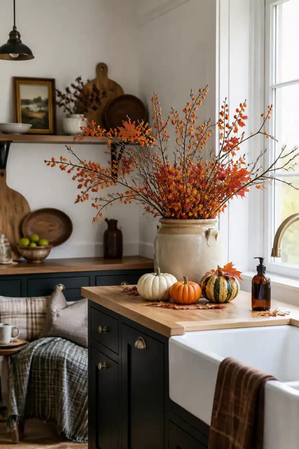 Fall kitchen decor with foraged orange branches in a stoneware crock beside a farmhouse sink and mini pumpkins