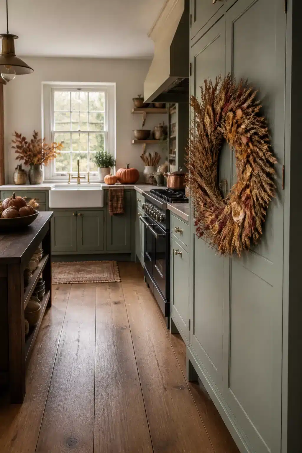 Fall kitchen decor with a dried grass wreath on a sage green cabinet door and wide plank wood floors