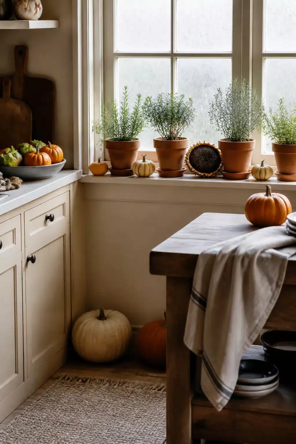 Terra cotta herb pots and mini pumpkins on a kitchen windowsill — cozy fall kitchen decor idea