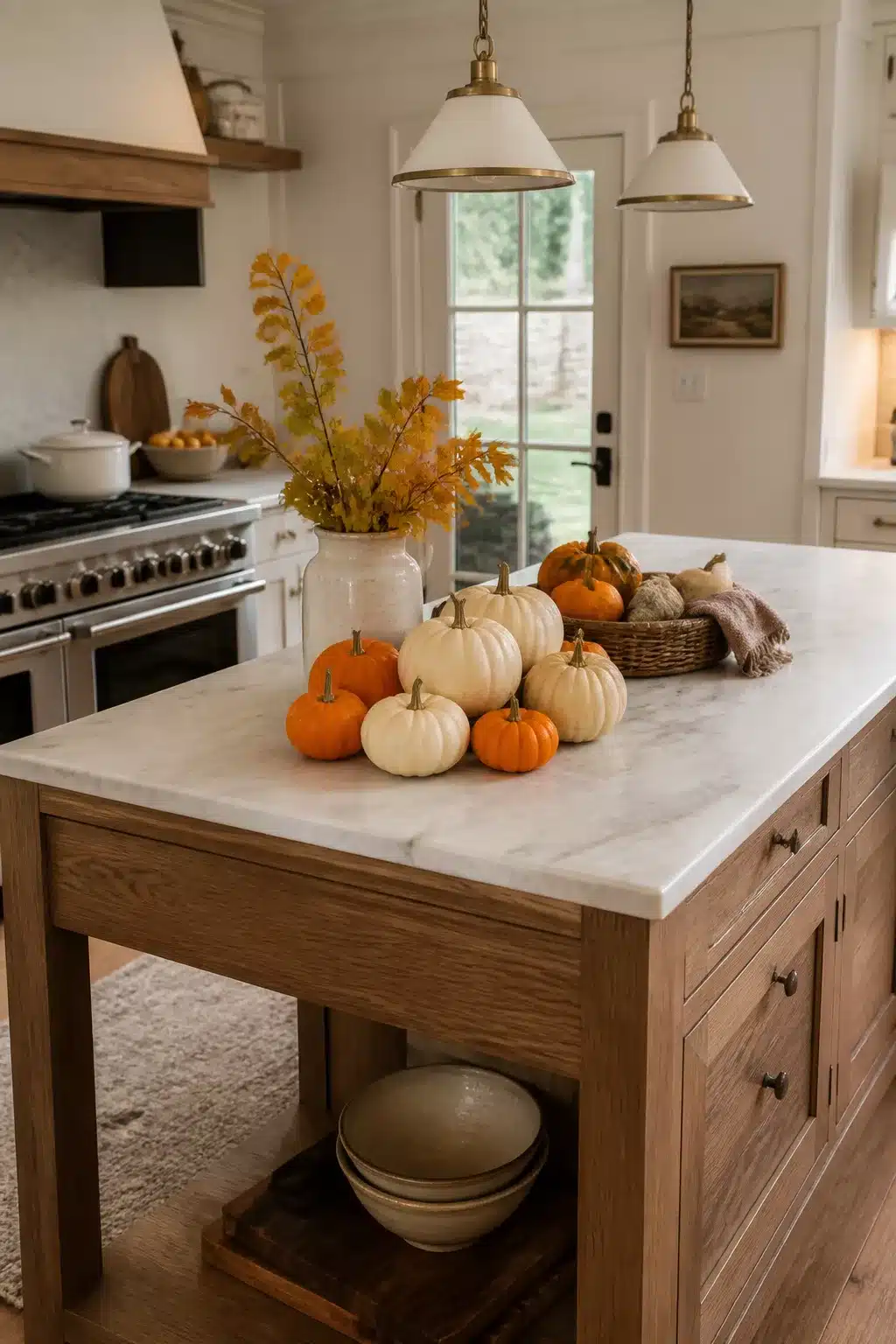 Fall kitchen island decor with white and orange mini pumpkins on a marble-topped oak island with autumn branches