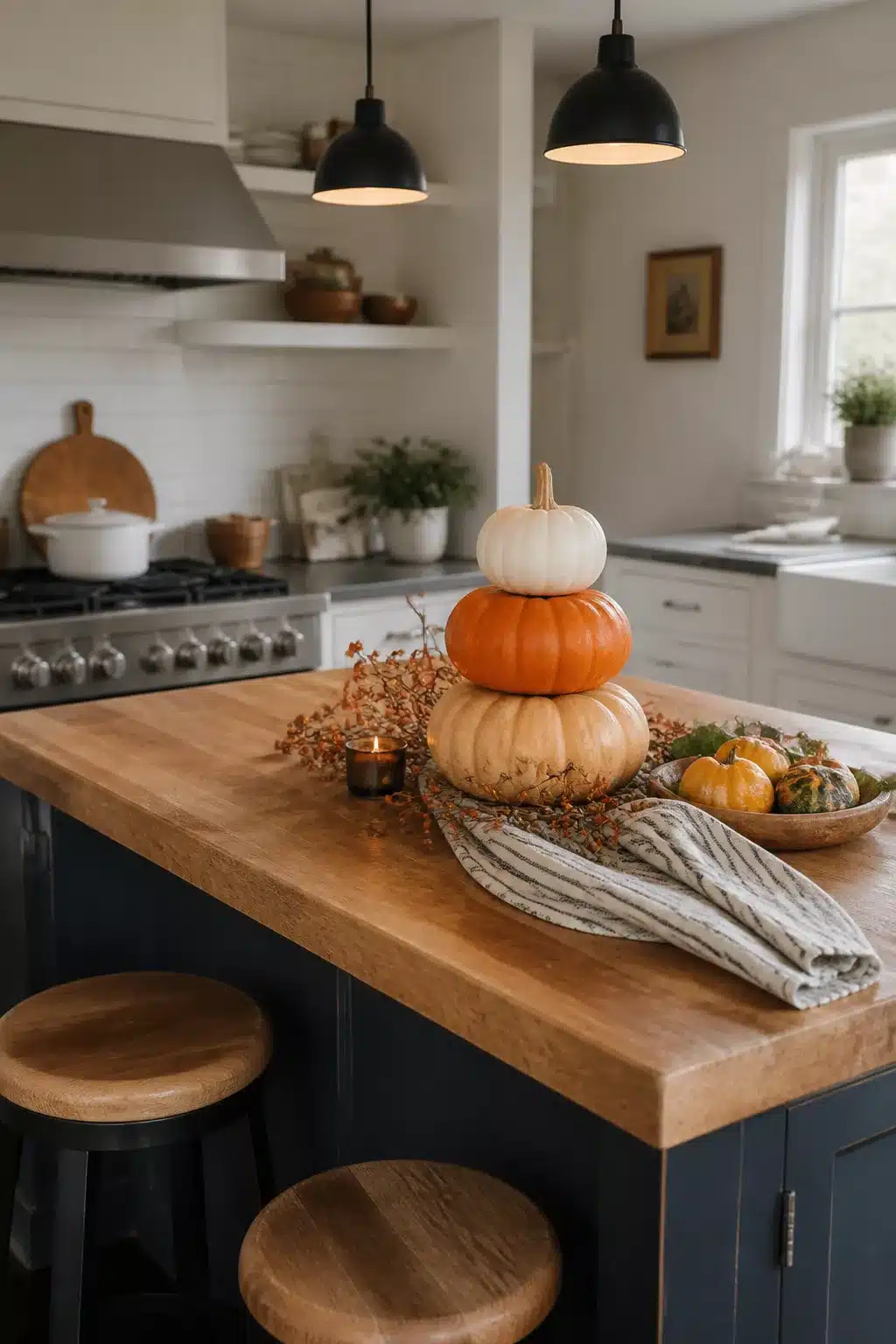 Stacked pumpkin tower fall kitchen island decor with butcher block top and navy island cabinet