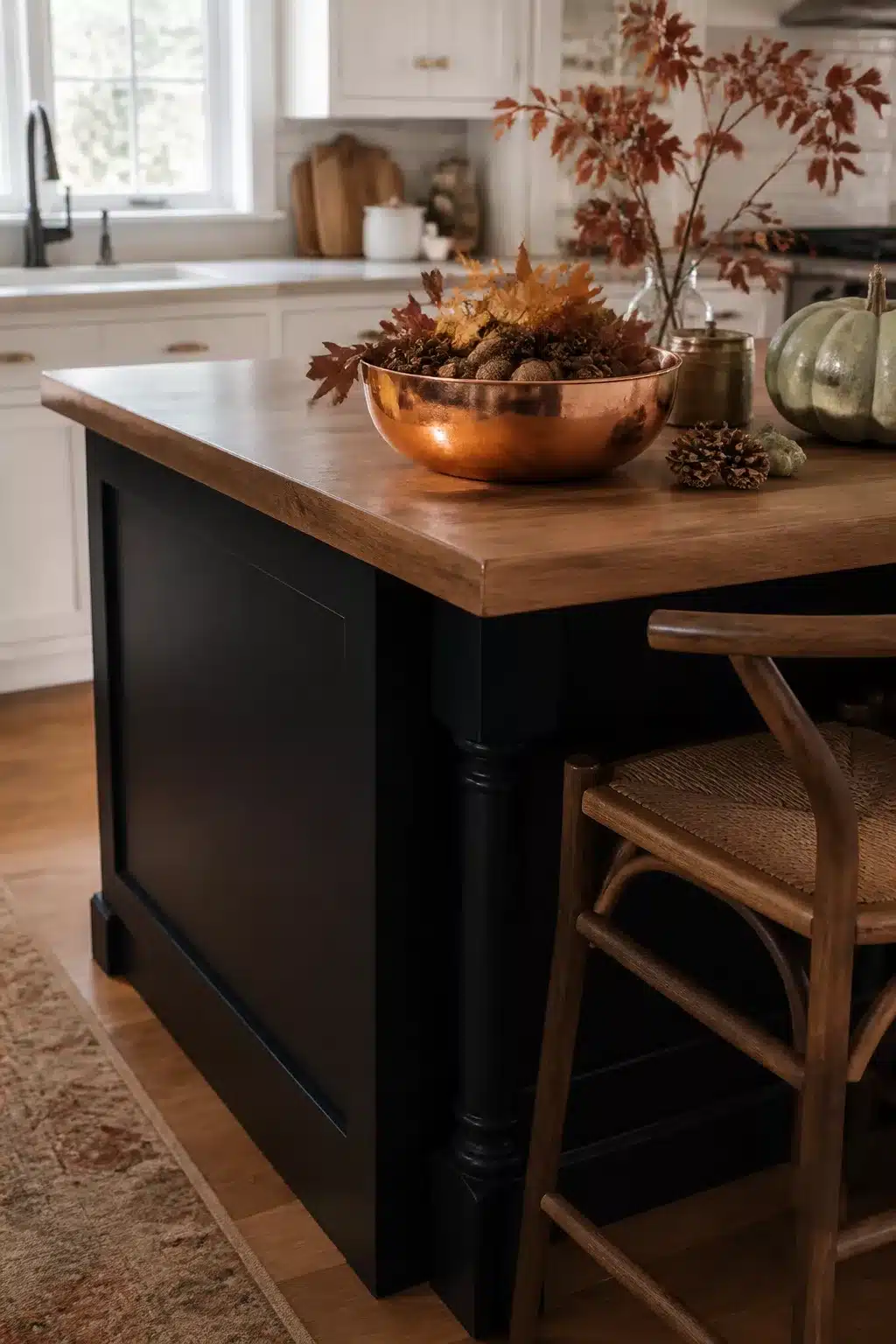 Copper bowl with acorns and fall leaves on a black kitchen island — fall kitchen island decor idea