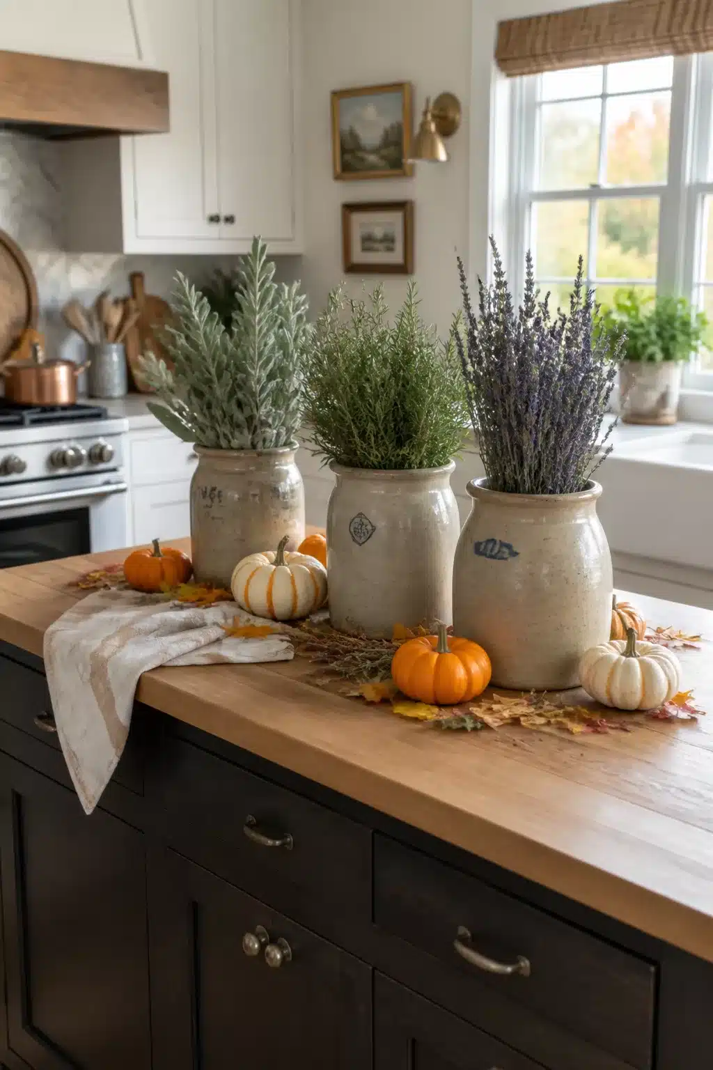 Fall kitchen island decor with stoneware crocks, fresh herb bundles, mini pumpkins, and dried autumn leaves on butcher block.