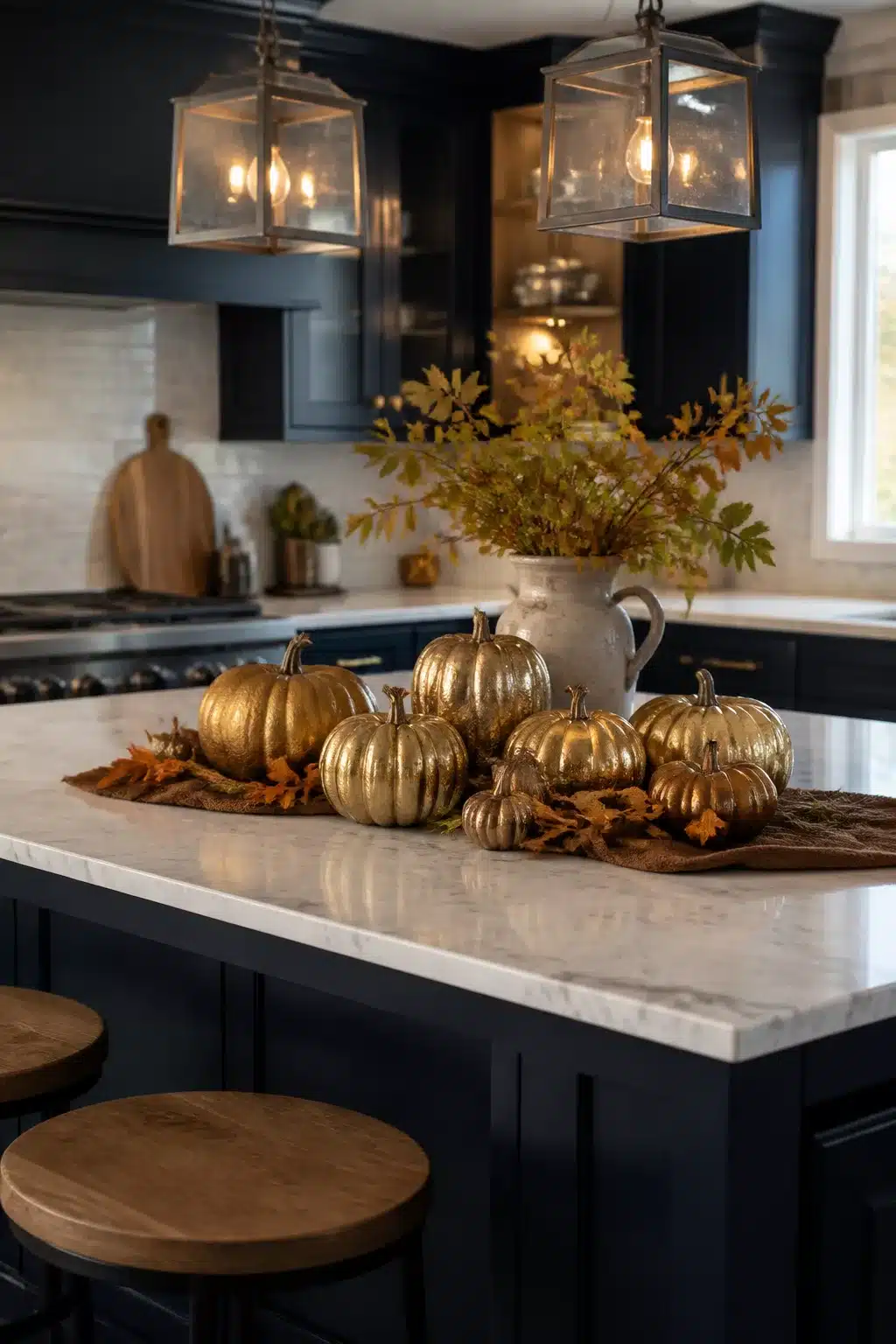 Fall kitchen island decor with gold-painted pumpkins, burlap runner, and autumn branches in a navy kitchen.