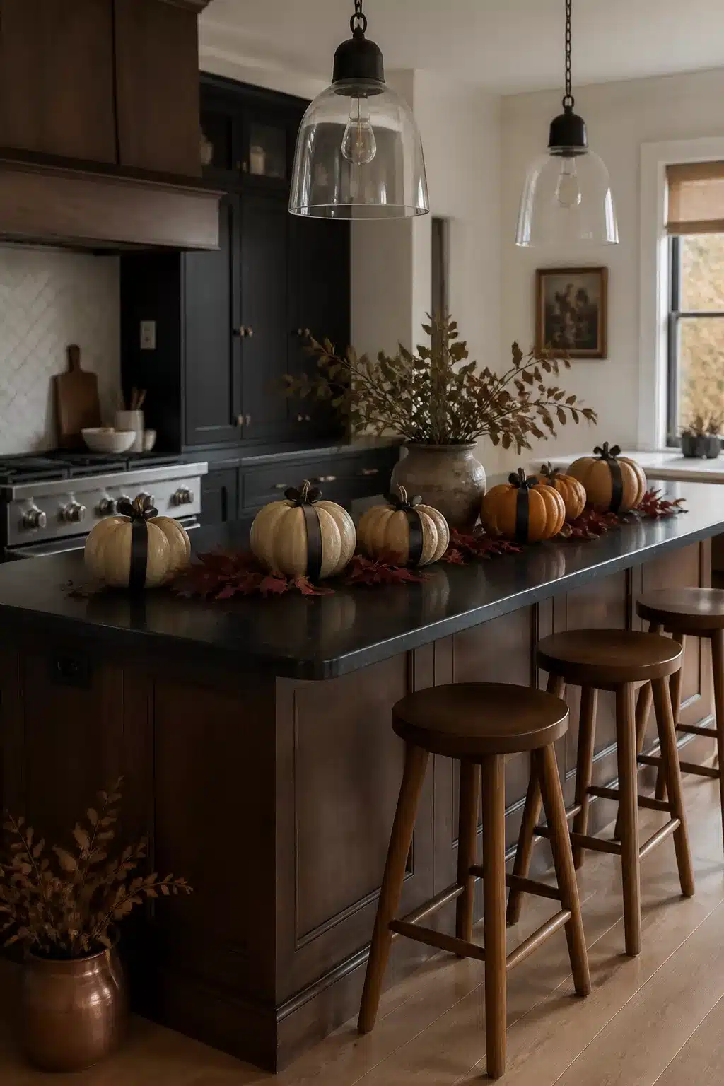 Fall kitchen island decor with ribbon-wrapped pumpkins and burgundy dried berry stems on a dark stone countertop.