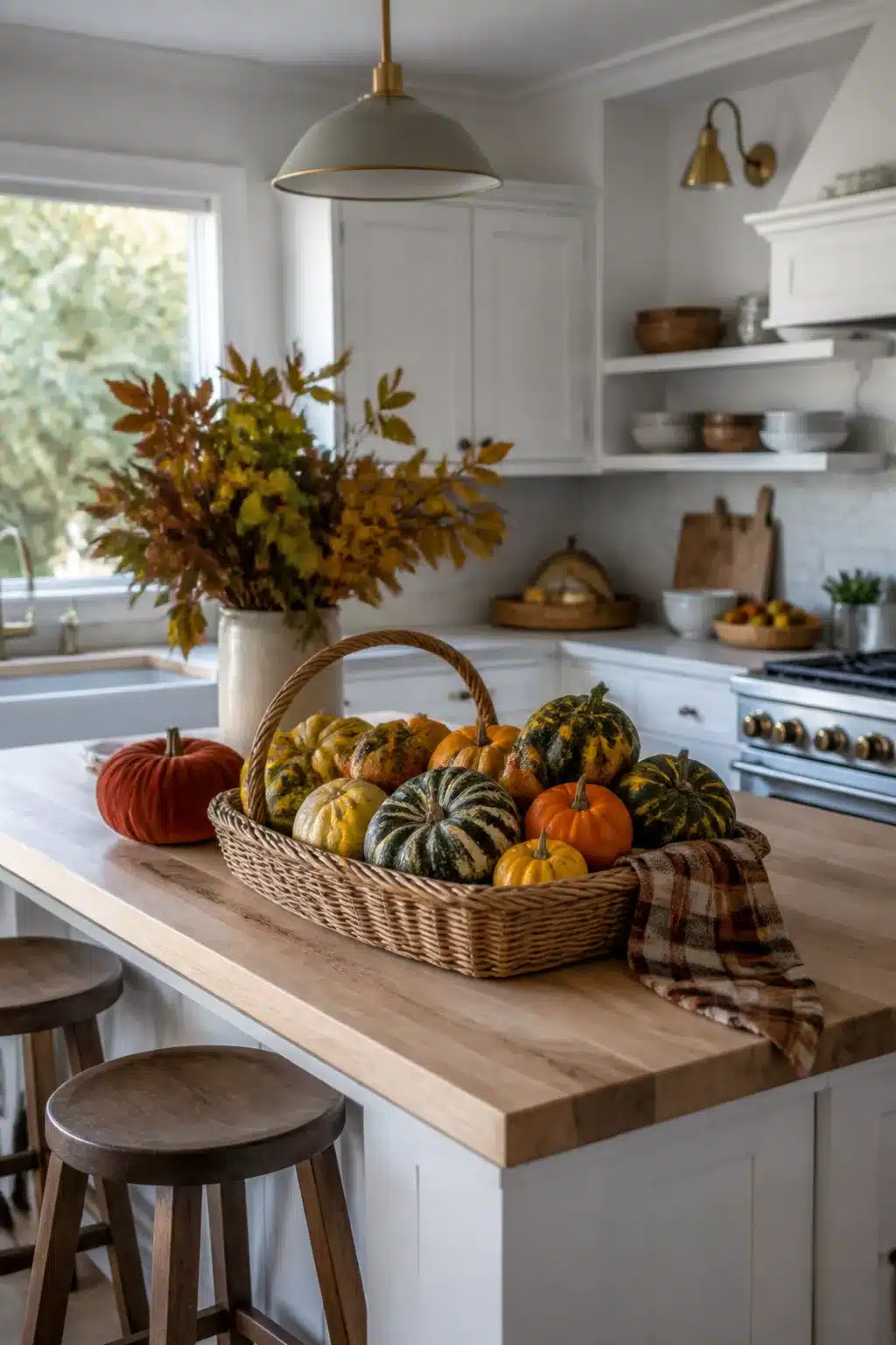 Fall kitchen island decor with a rattan basket filled with heirloom mini squash and a plaid linen on a butcher block island.