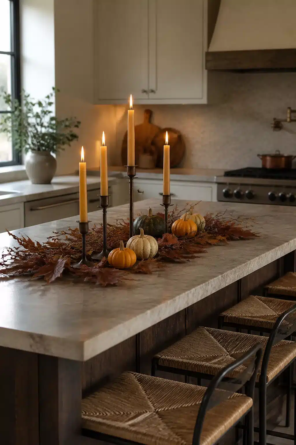 Fall kitchen island decor with beeswax taper candles in iron holders, dried oak leaves, and mini gourds on a stone island.