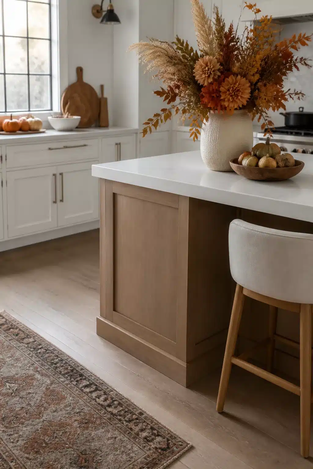 Fall kitchen island decor with dried dahlias, pampas grass, and rust foliage in a cream ceramic vase