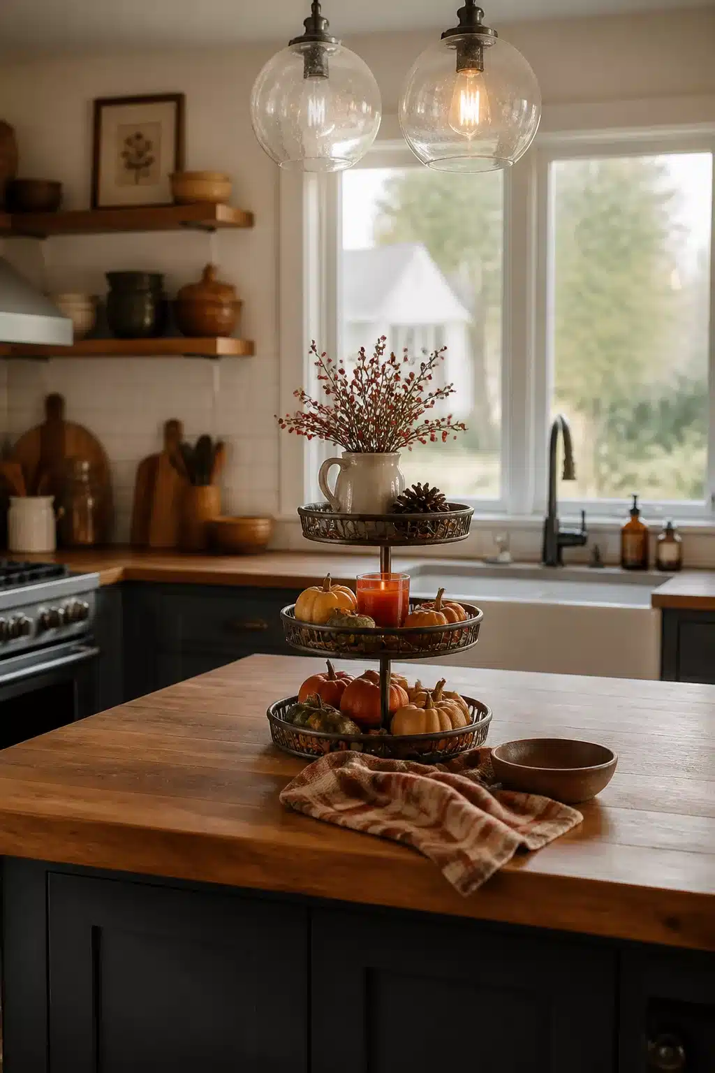 Fall kitchen island decor with a tiered metal stand filled with mini gourds, pumpkins, and berry branches.