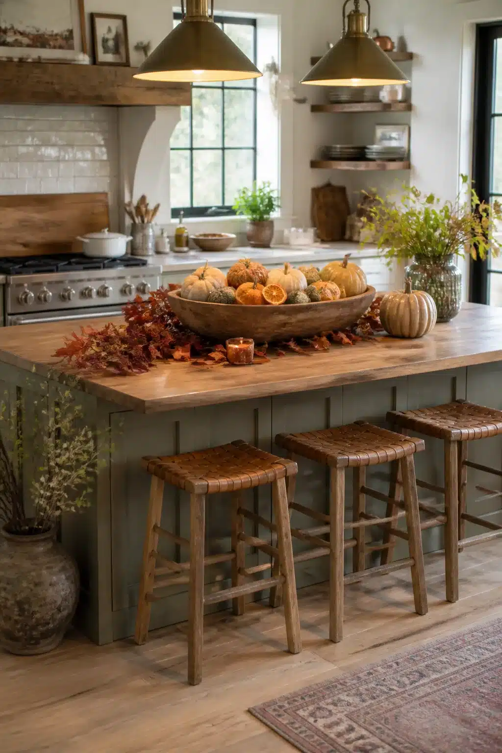 Fall kitchen island decor with a large wooden dough bowl filled with gourds, mini pumpkins, and dried autumn leaves.