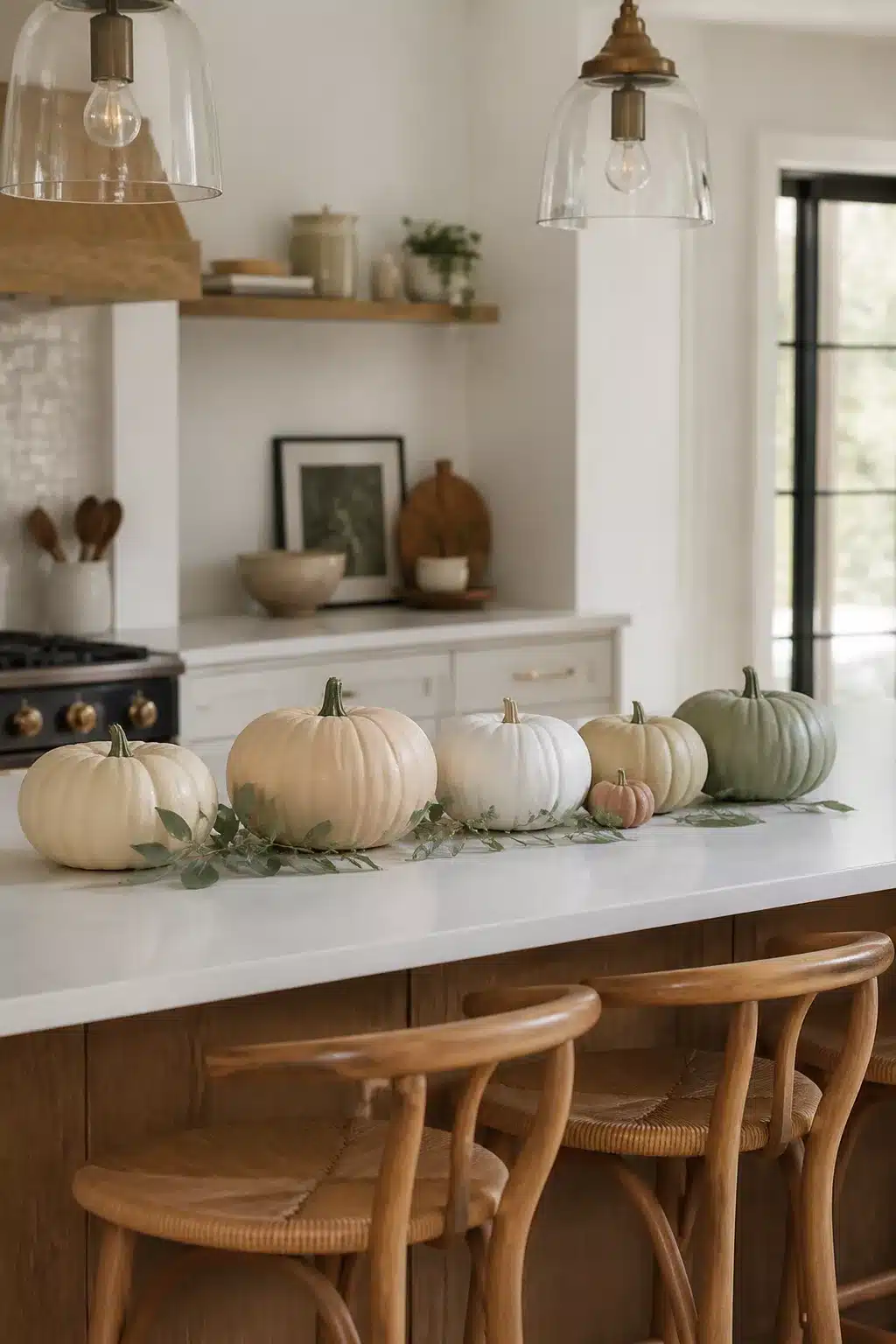 Neutral pumpkin row with sage, cream and blush tones — fall kitchen island decor on white quartz countertop