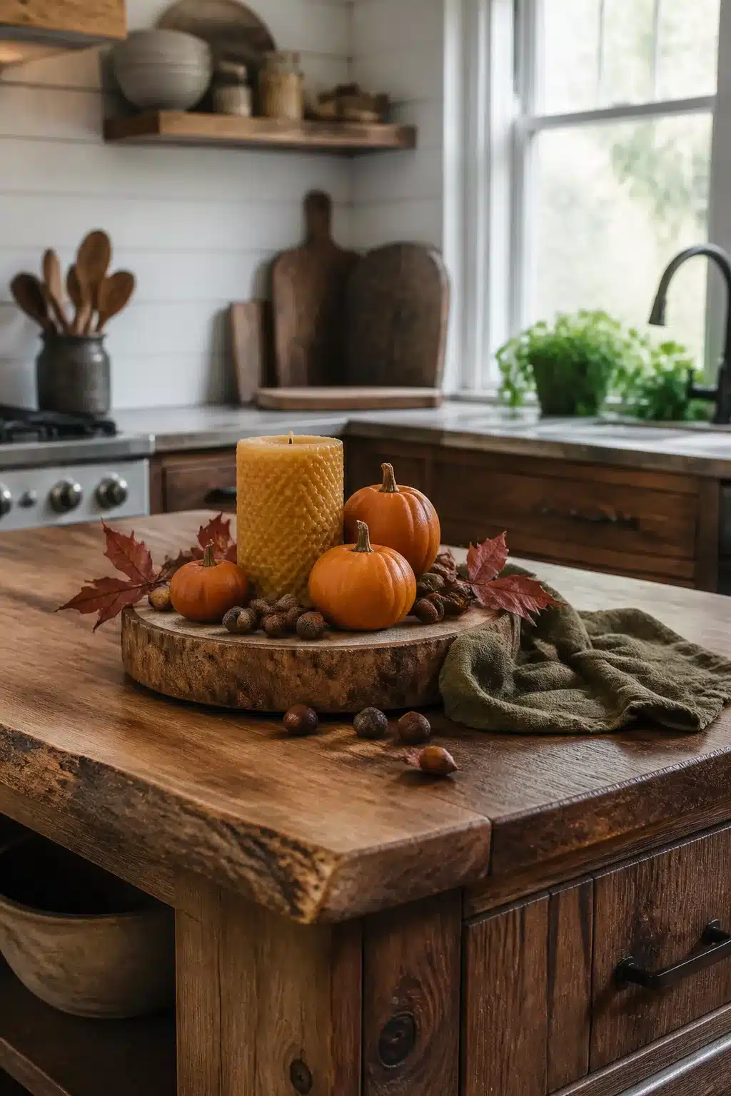 Rustic fall kitchen island decor with live-edge wood slice, beeswax candle, mini pumpkins & acorns.