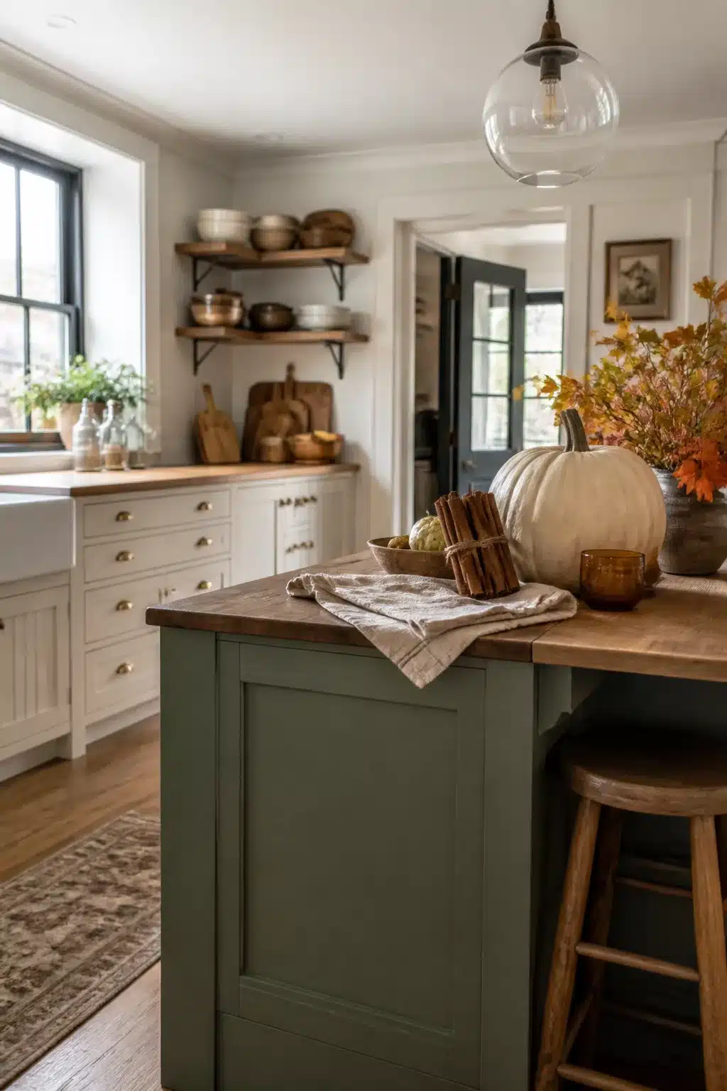 Fall kitchen island decor with cinnamon sticks, white pumpkin, and sage green island with butcher block top.