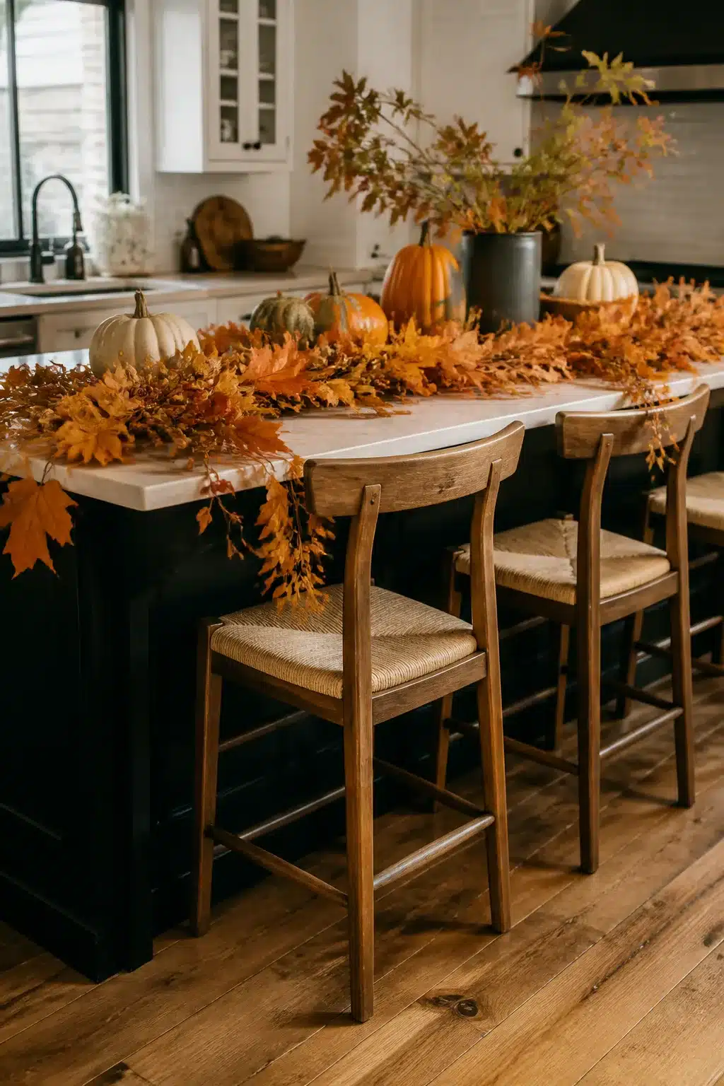 Fall kitchen island decor with cascading maple leaf garland, mixed pumpkins, and black cabinetry.