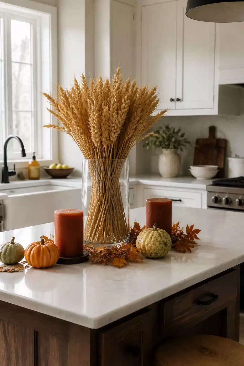 Fall kitchen island decor with a tall dried wheat bundle in a glass vase, orange candles, and mini gourds.