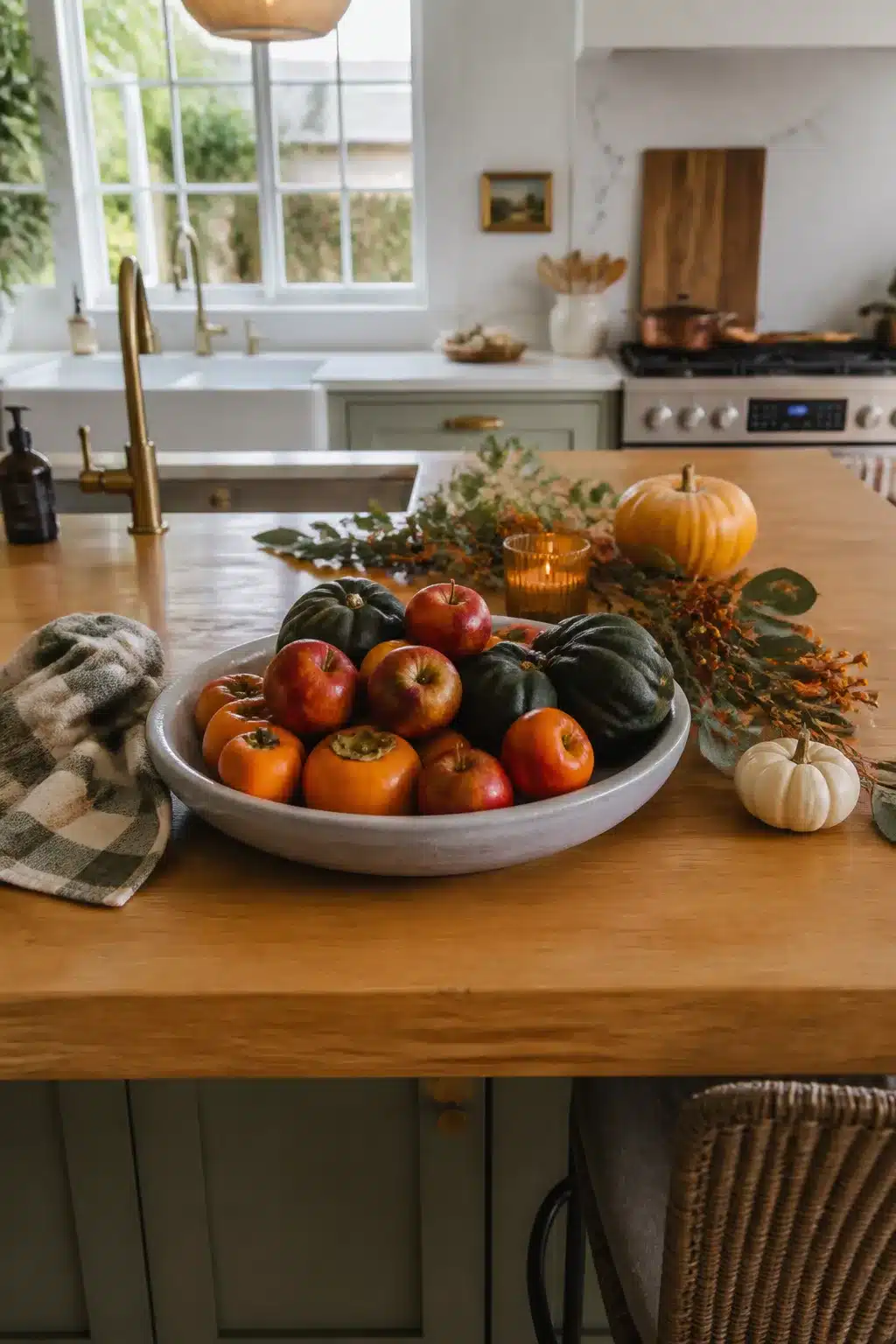 Fall kitchen island decor with a ceramic bowl of apples, persimmons, and acorn squash on butcher block.