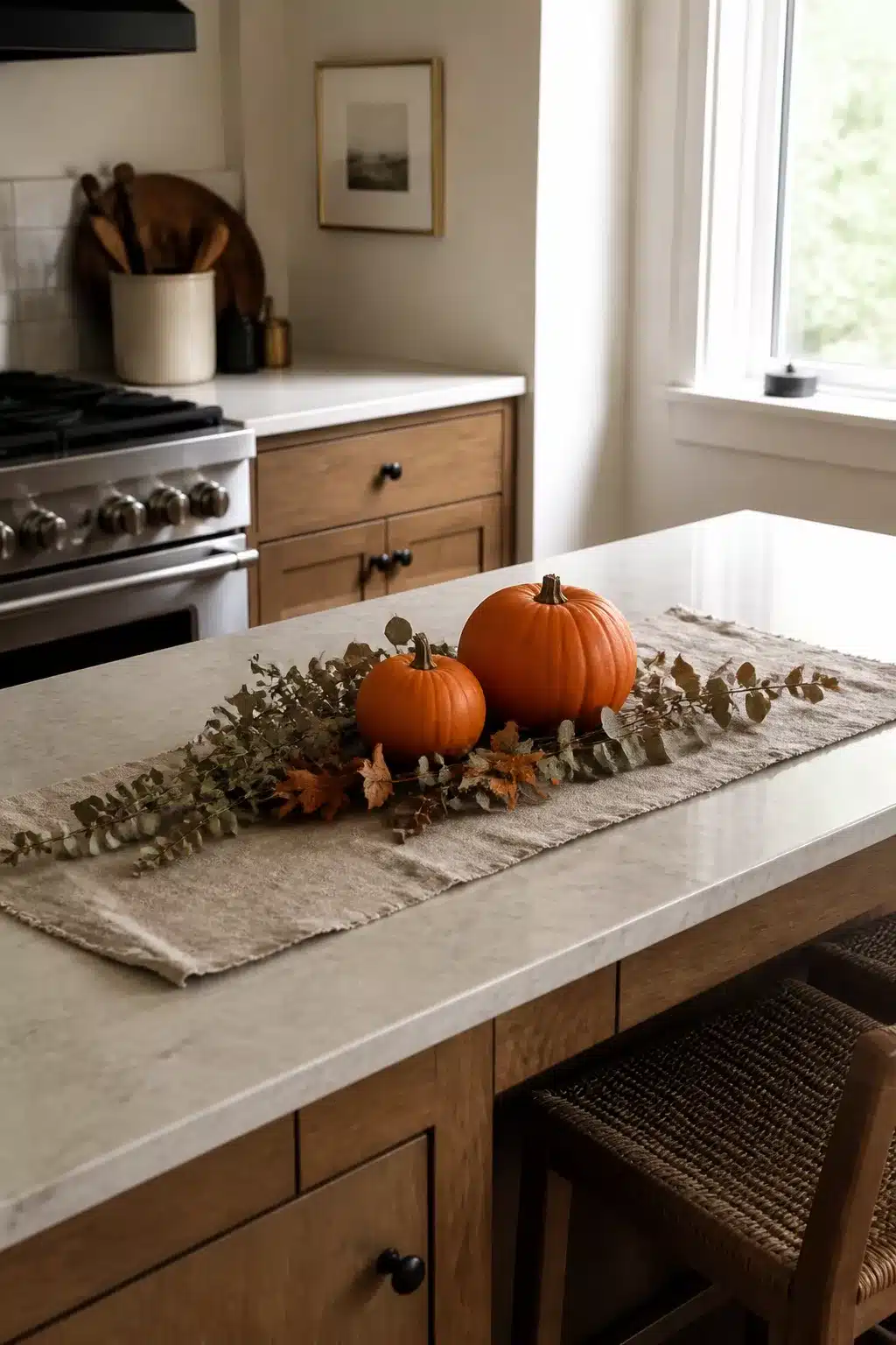 Fall kitchen island decor with dried eucalyptus, oak leaves, and two orange pumpkins on a linen runner.
