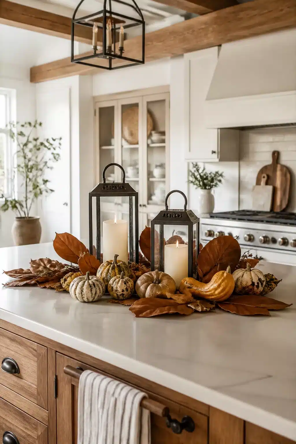 Fall kitchen island decor with black metal lanterns, pillar candles, heirloom gourds, and dried magnolia leaves.