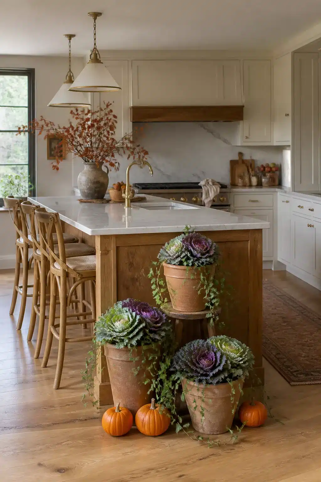 Fall kitchen island decor with ornamental cabbage in terracotta pots, trailing greenery, and mini pumpkins on wood floor.