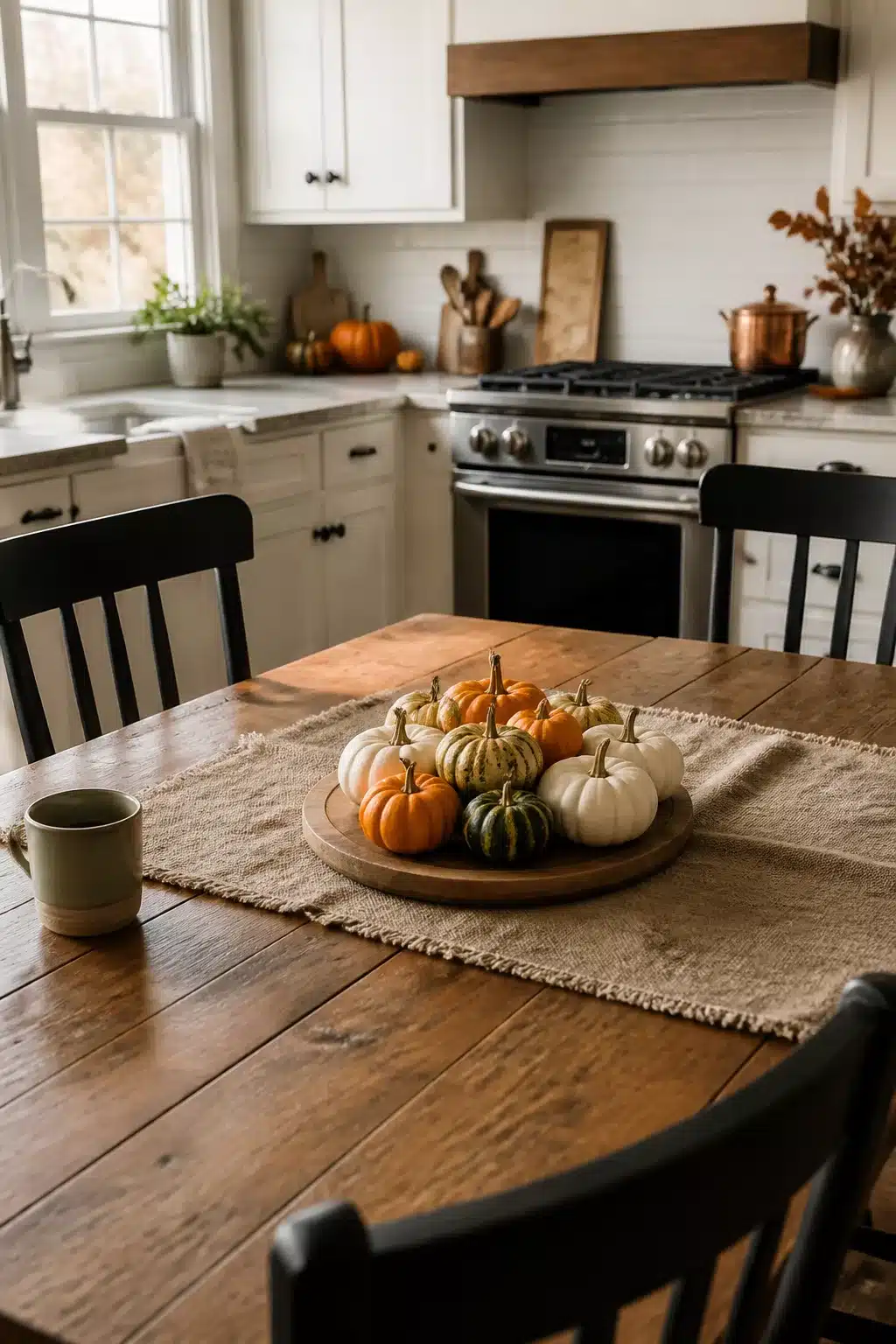 Fall kitchen table decor with mini pumpkin cluster centerpiece on burlap runner in a cozy farmhouse kitchen