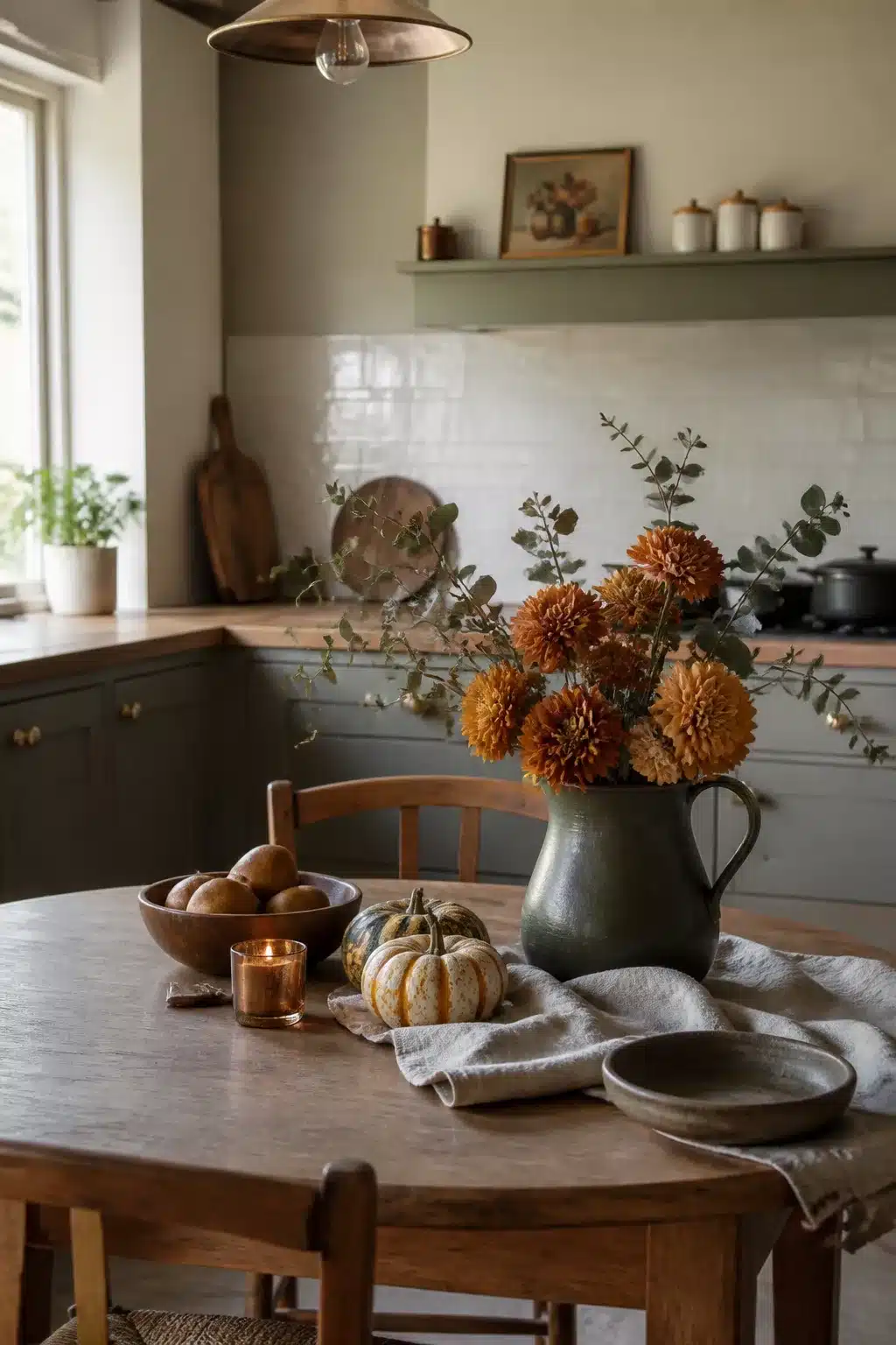 Fall kitchen table decor with rust dahlias, eucalyptus in a sage pitcher, and a small heirloom pumpkin centerpiece.