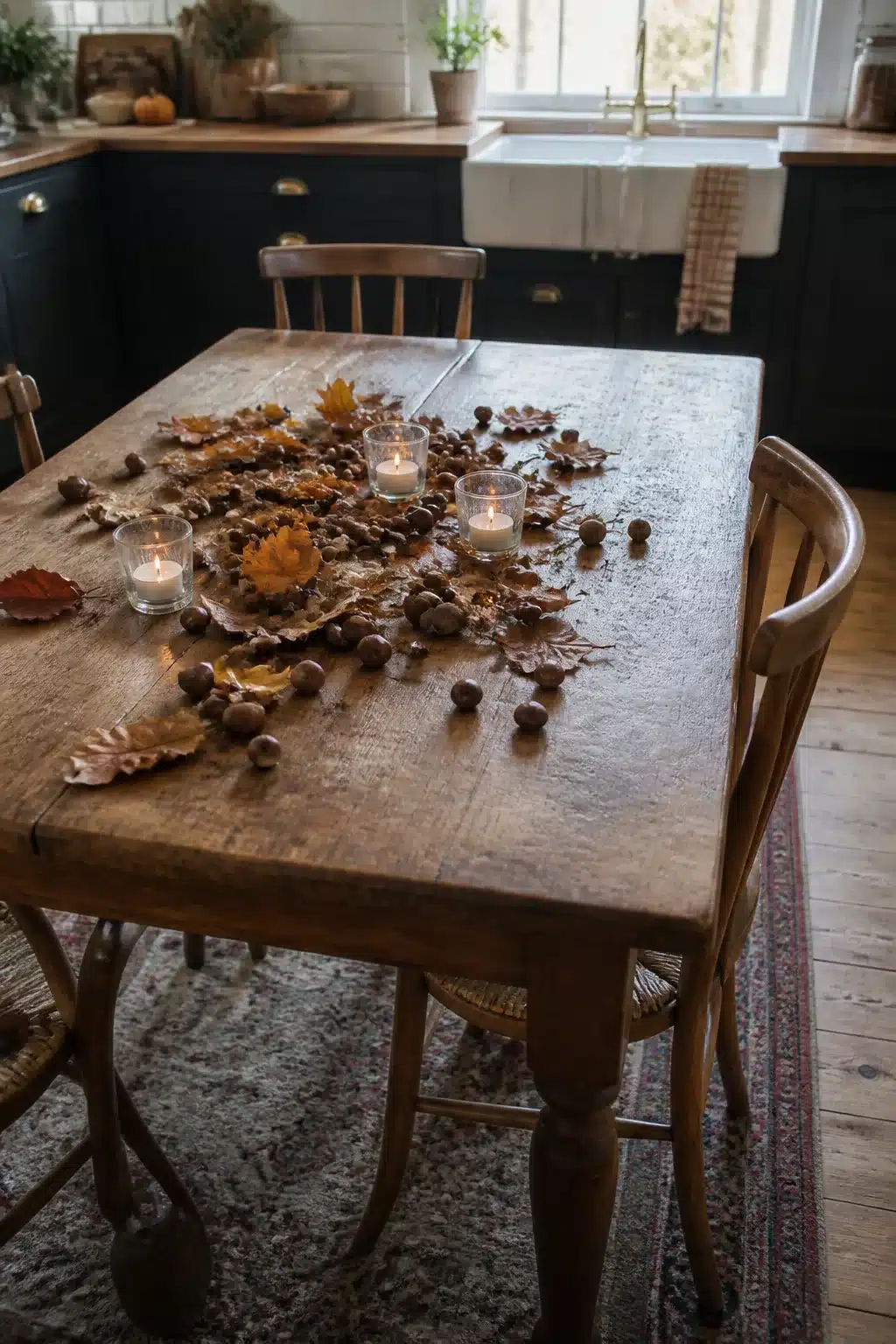 Fall kitchen table decor with scattered acorns, dried oak leaves, and votive candles on a rustic pine table
