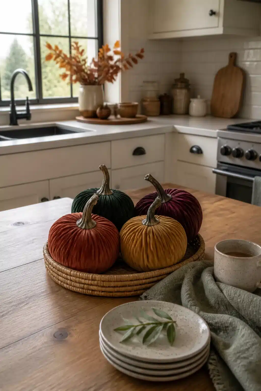 Fall kitchen table decor with jewel-tone velvet pumpkins in a woven rattan tray on a wood countertop