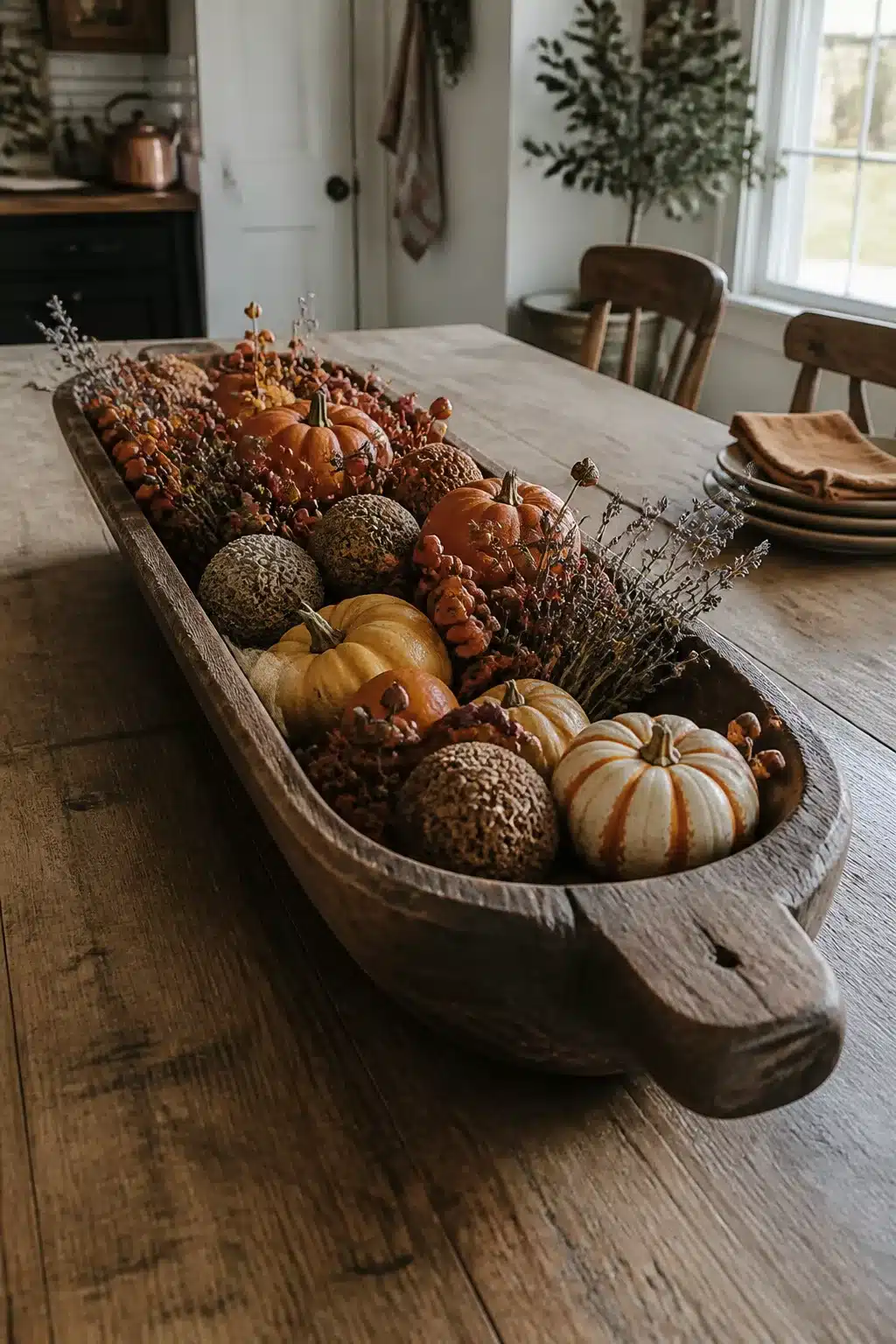 Aged wooden dough bowl filled with mini pumpkins and dried berries for fall kitchen table decor on a farmhouse table