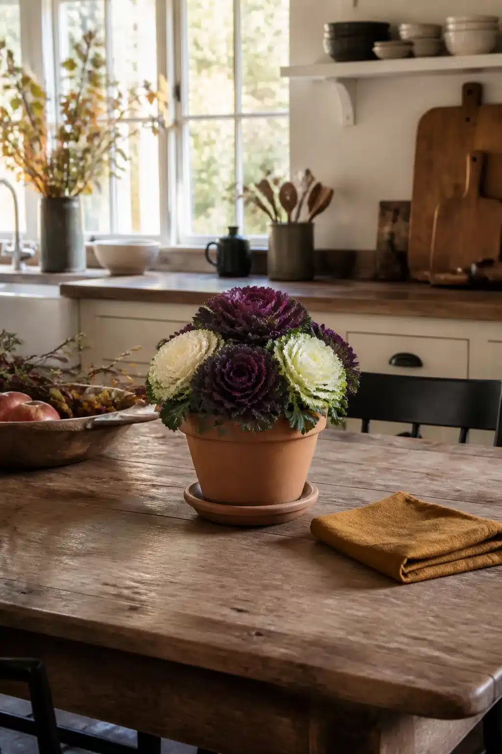 Flowering kale in a terracotta pot as fall kitchen table decor on a rustic farmhouse dining table