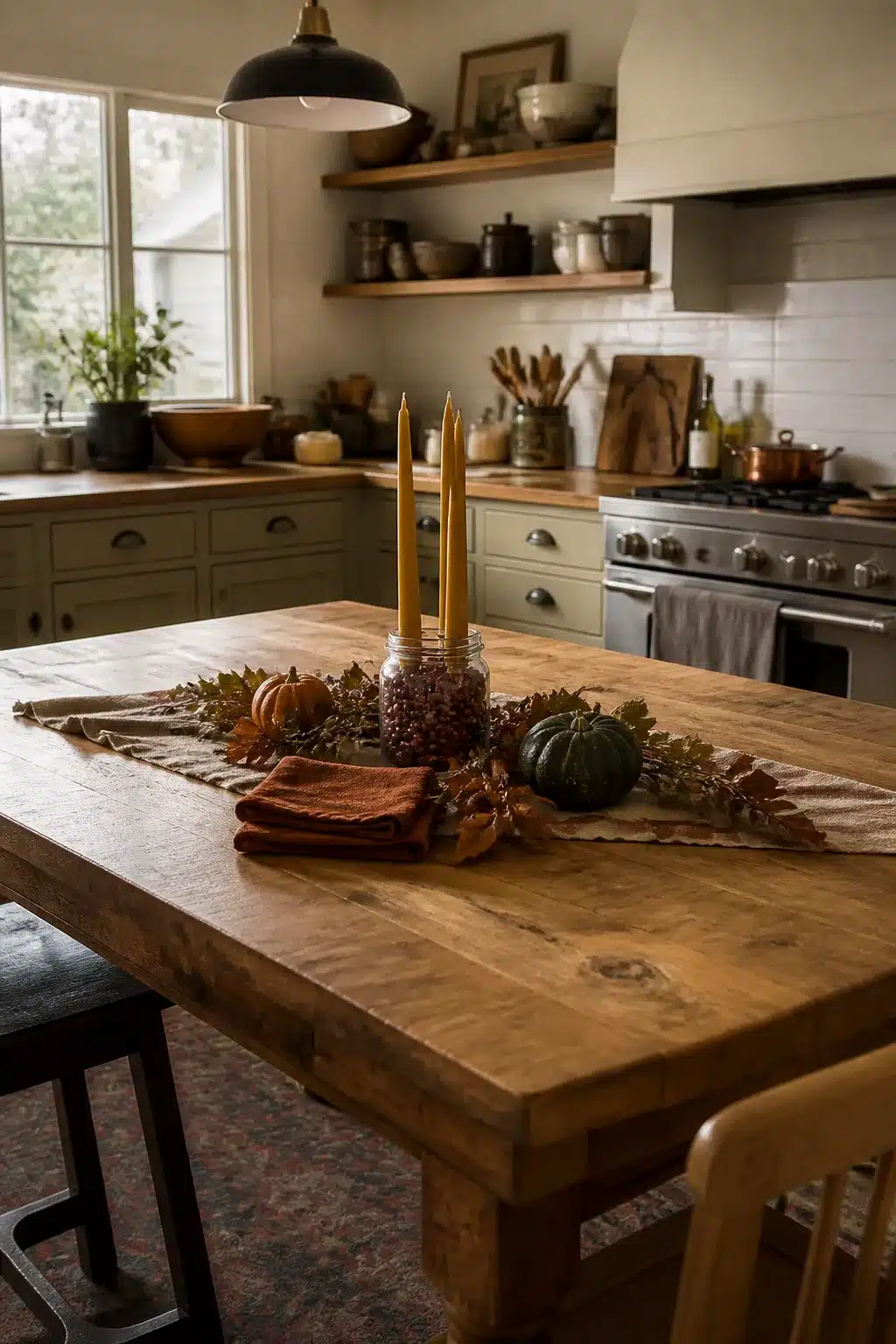 Fall kitchen table decor with beeswax tapers in a mason jar, mini pumpkins, and dried leaves on a rustic wood table.