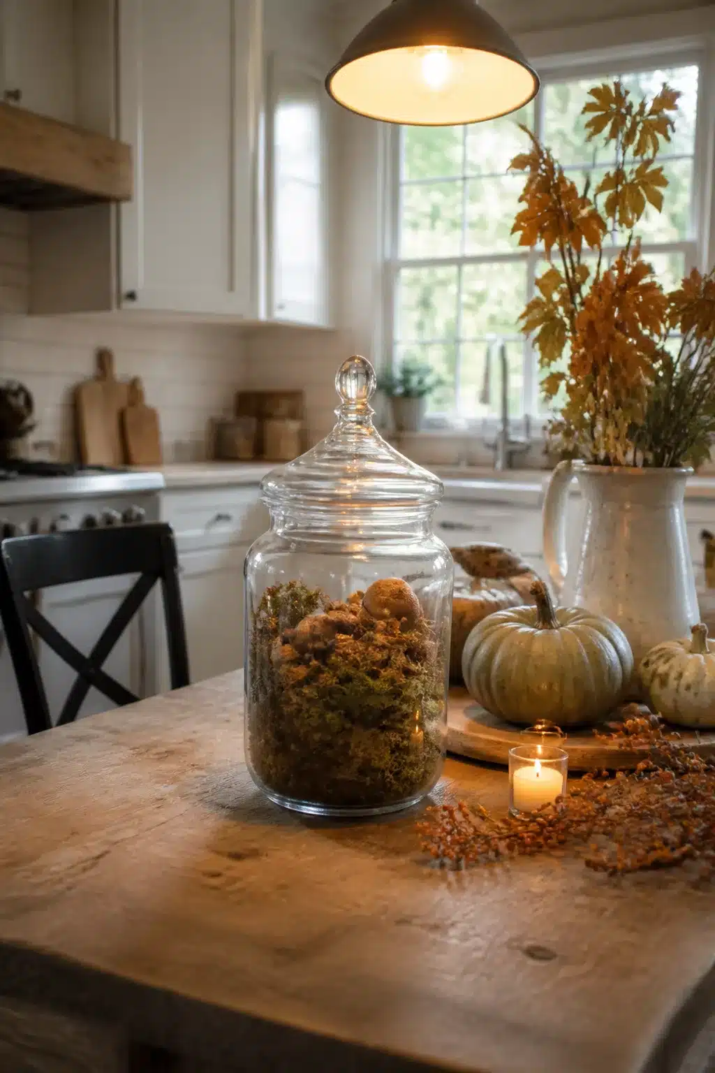 Fall kitchen table decor with a moss and mushroom terrarium jar, heirloom pumpkins, and a lit votive candle.