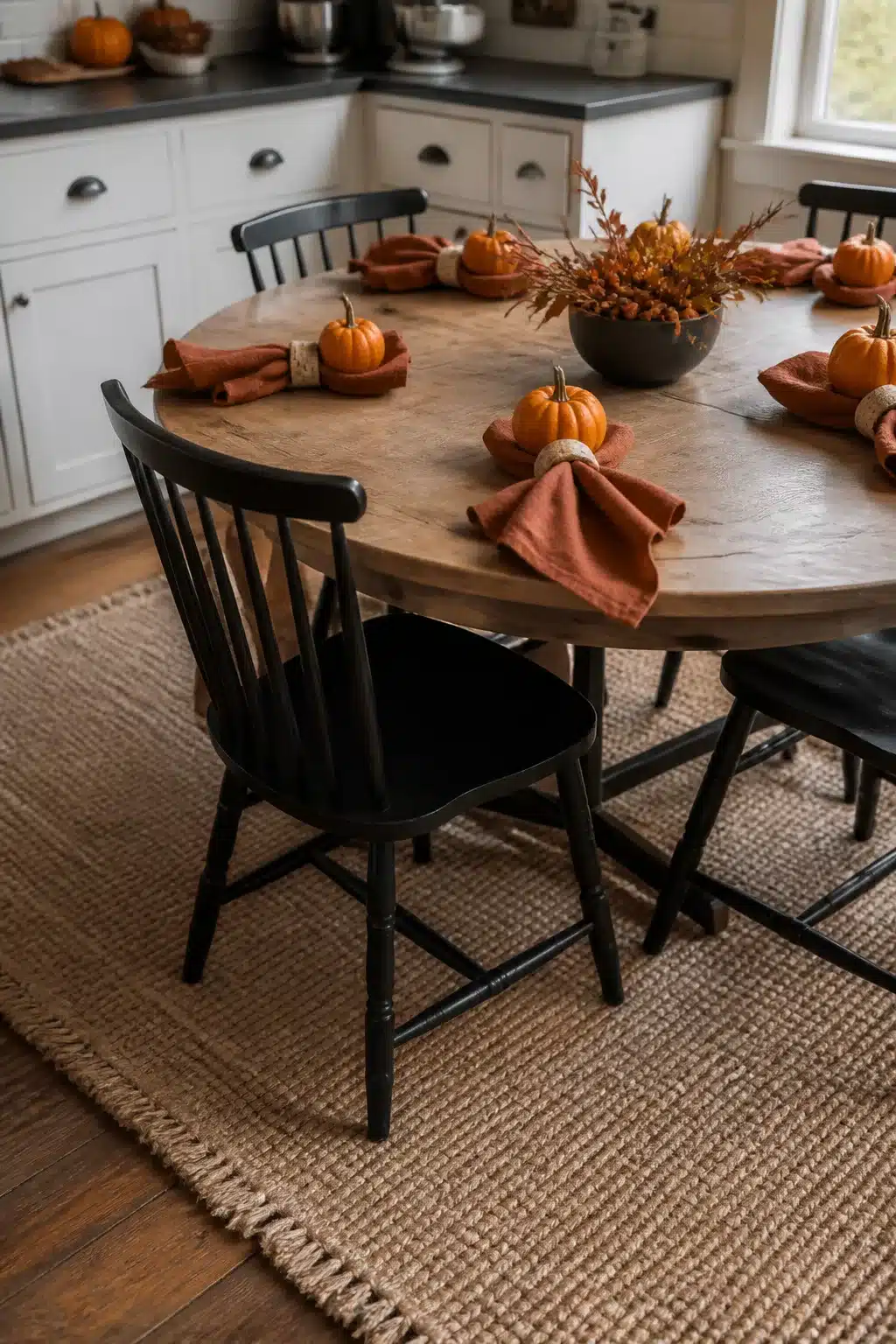 Fall kitchen table decor with rust linen napkins, mini pumpkins, and black spindle chairs on a jute rug