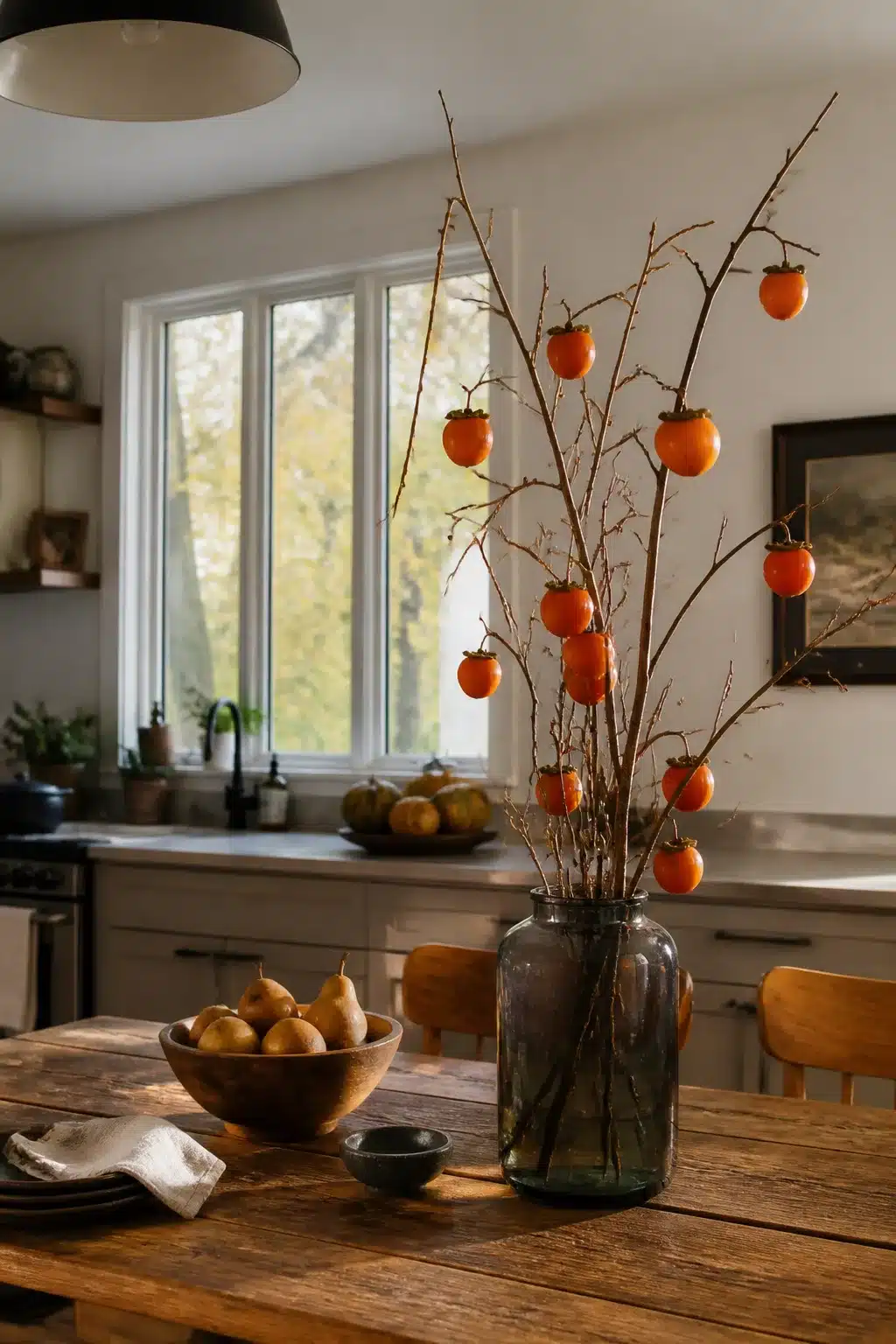 Fall kitchen table decor with persimmon branches in a smoked glass vase and pears in a wood bowl