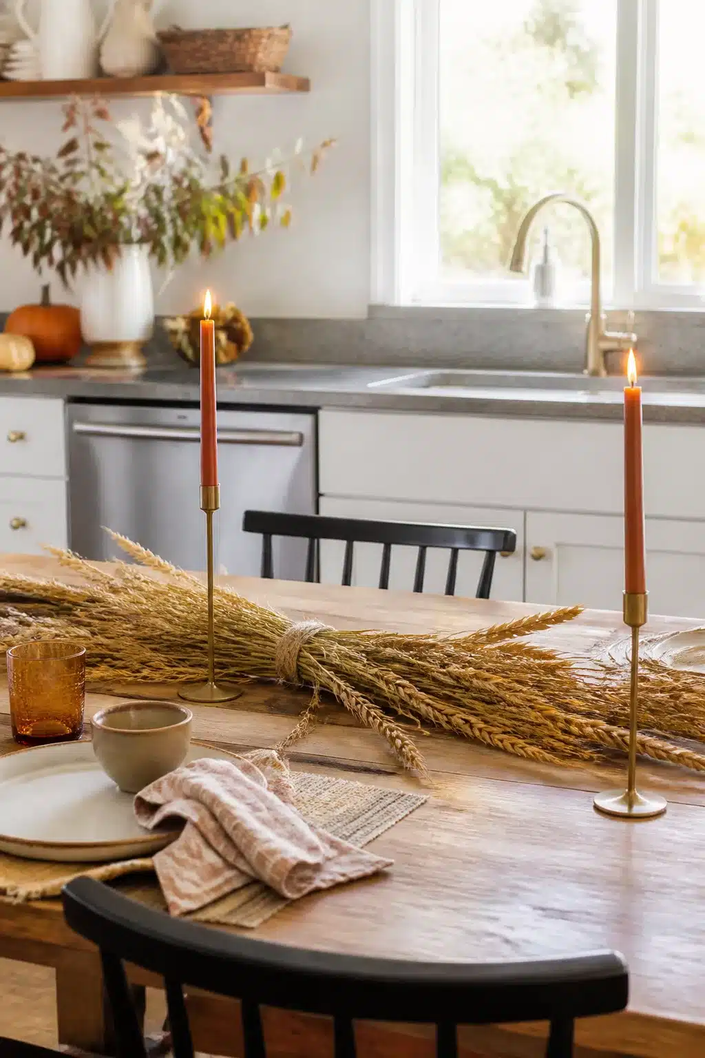 Fall kitchen table decor with dried wheat bundle centerpiece and terracotta taper candles in brass holders