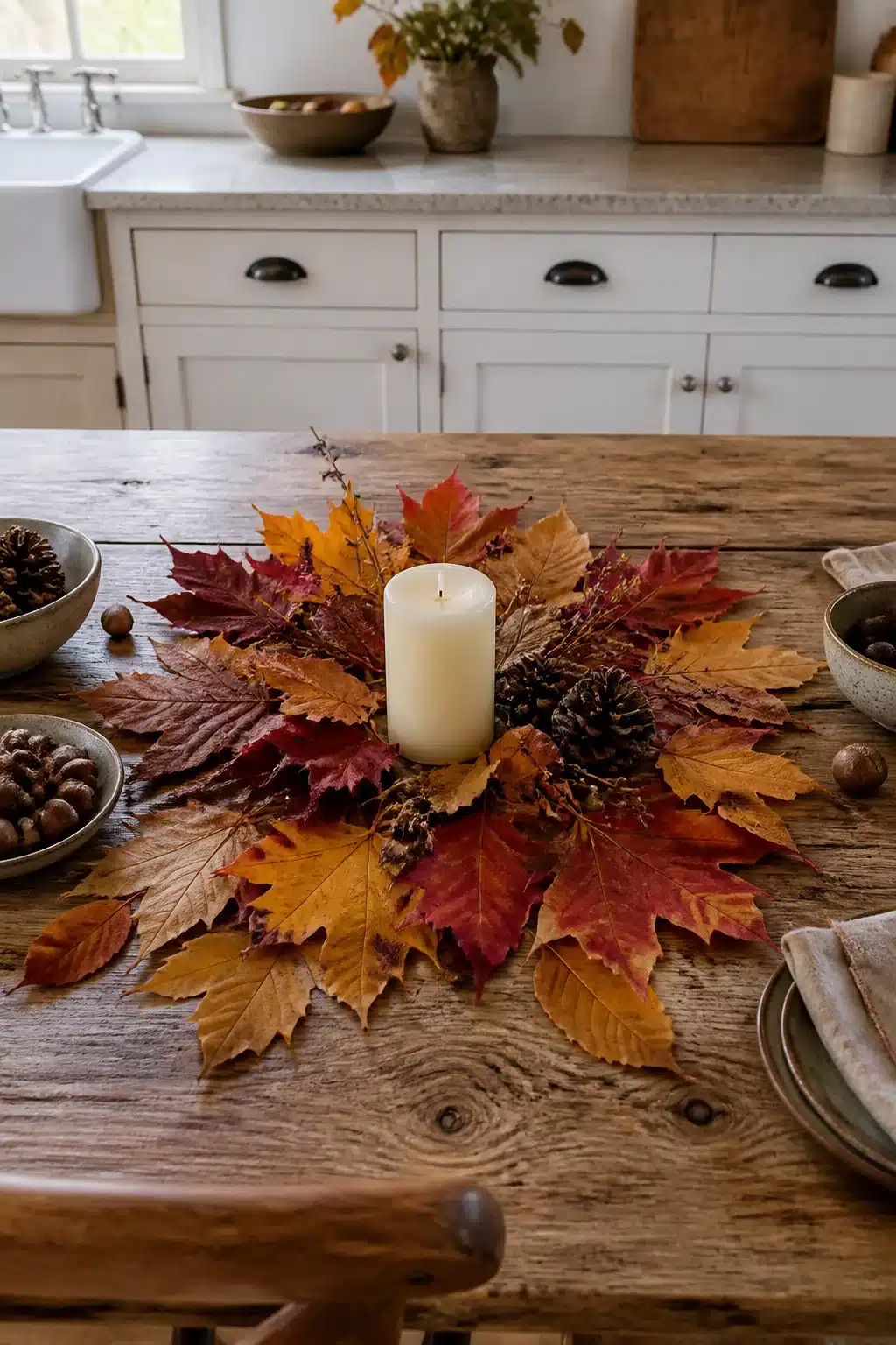 Fall kitchen table decor with crimson and amber maple leaves, pine cones, and ivory pillar candle centerpiece