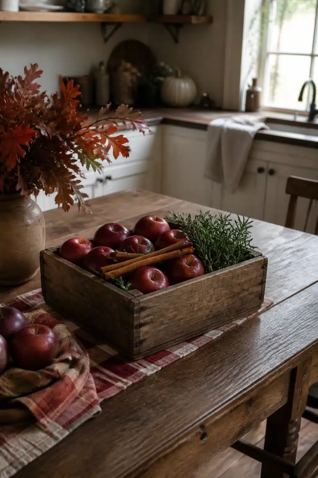 Rustic wooden crate with red apples, cinnamon sticks & rosemary — fall kitchen table decor on a farmhouse table