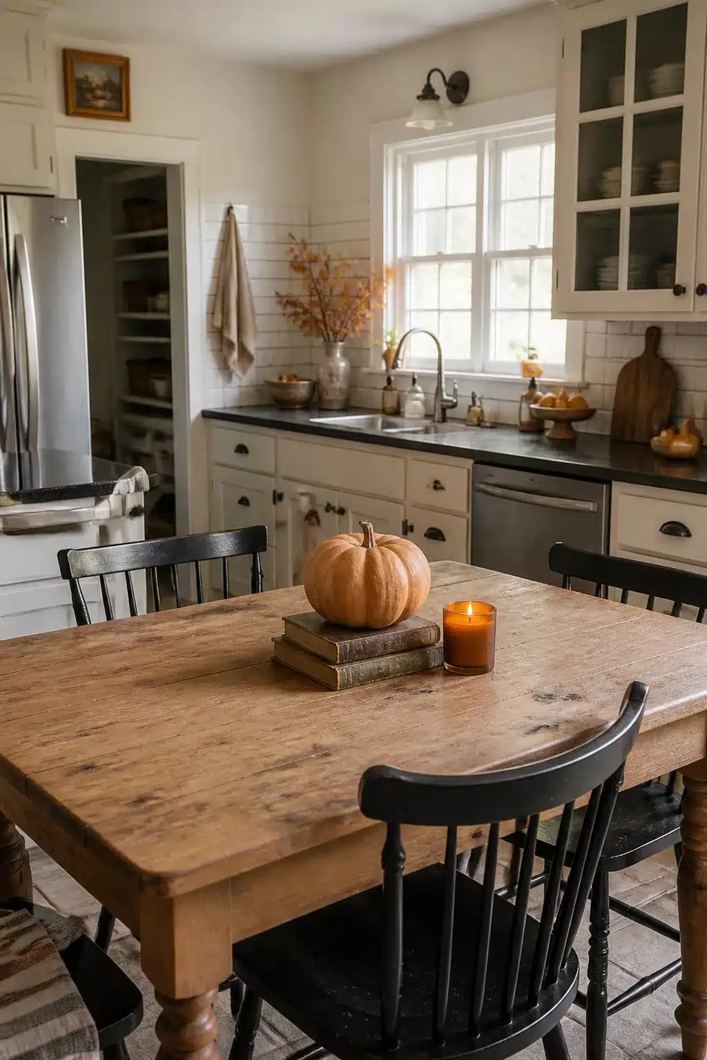 Fall kitchen table decor with a pumpkin on stacked vintage books and a lit amber candle on a rustic farmhouse table.