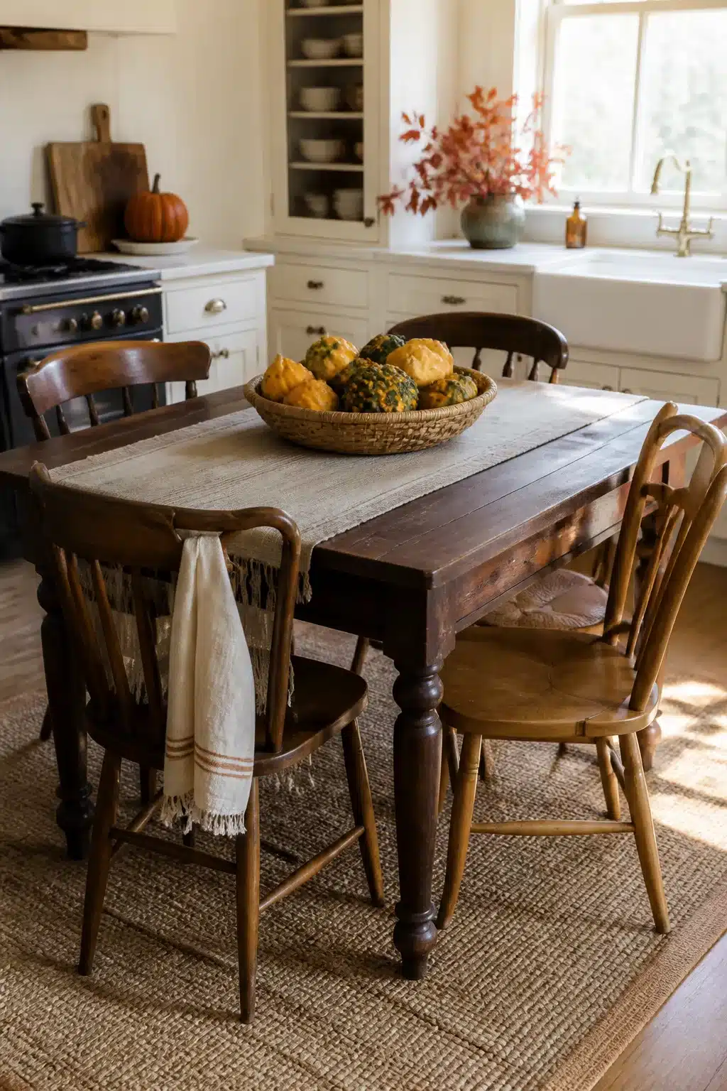 Woven basket of decorative gourds as fall kitchen table decor on a rustic farmhouse dining table
